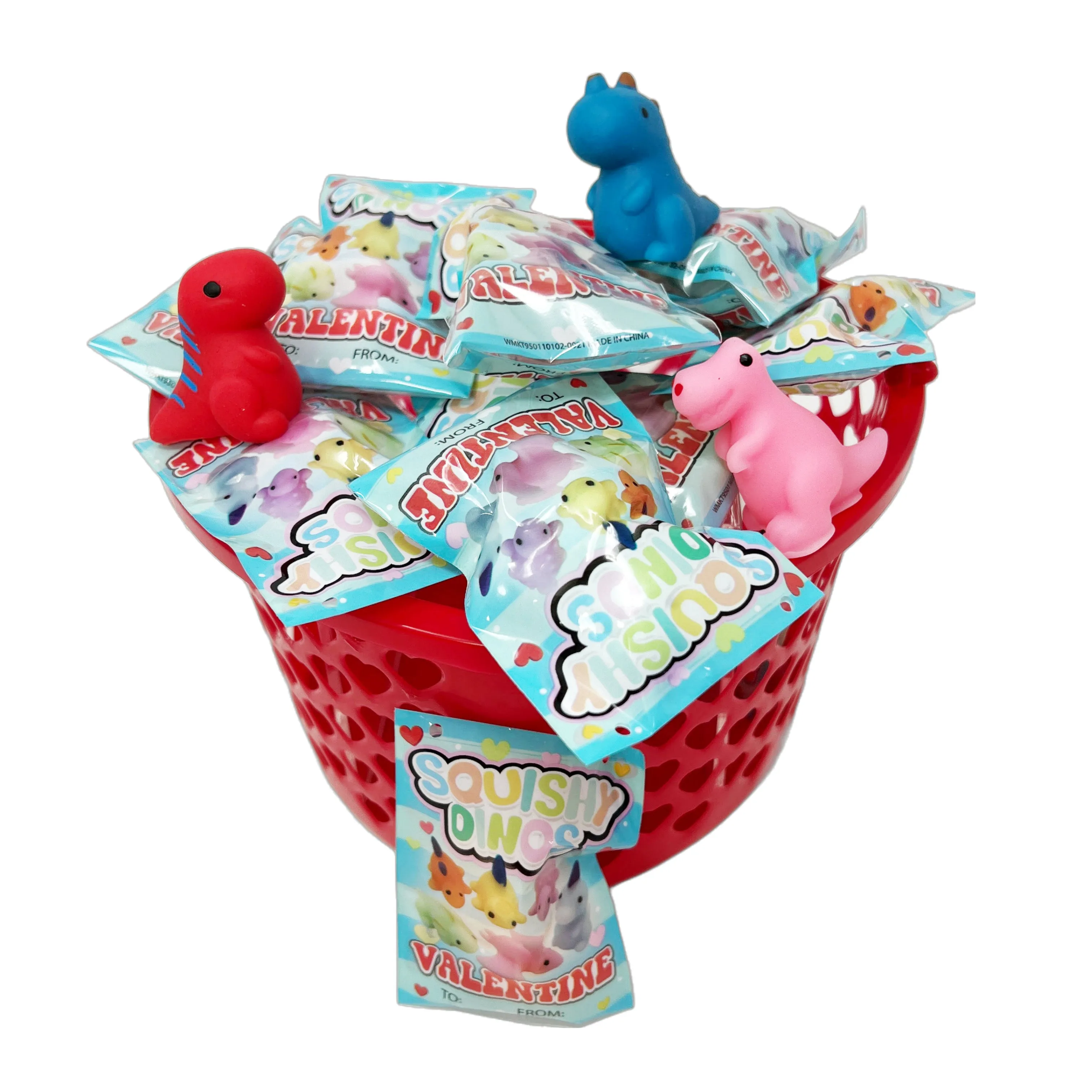 Cheep N Cheerful Valentine Dino Squishes 12ct with Heart Basket, Deluxe Valentine Party Favors, Kids Valentines