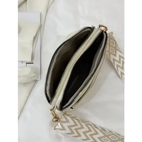 Chic Cream Leather Single Strap Crossbody Bag with Patterned Strap