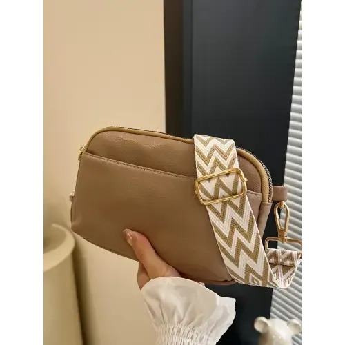 Chic Cream Leather Single Strap Crossbody Bag with Patterned Strap