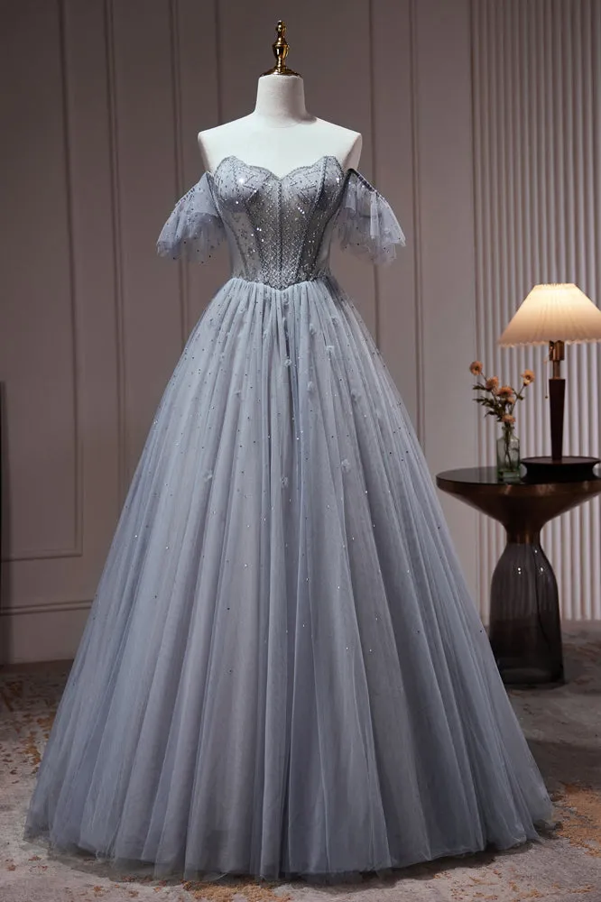 Chic Dusty Blue Beading Ball Gown Off The Shoulder A Line Tulle Long Prom Dresses