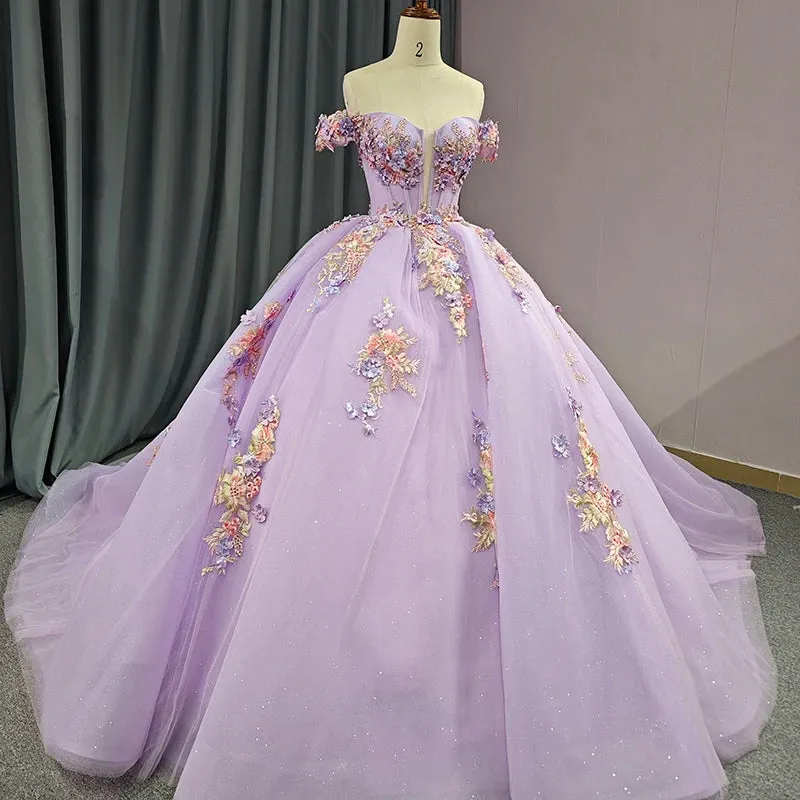 Chic Princess Deep V-neck Appliques Beading Court Train Quinceanera Dresses