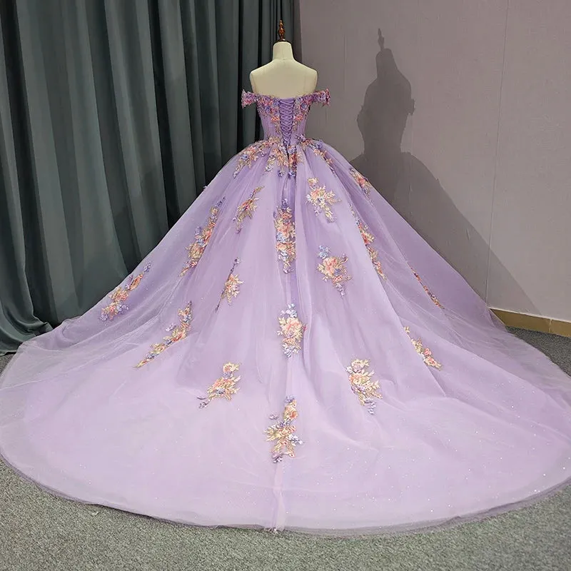 Chic Princess Deep V-neck Appliques Beading Court Train Quinceanera Dresses