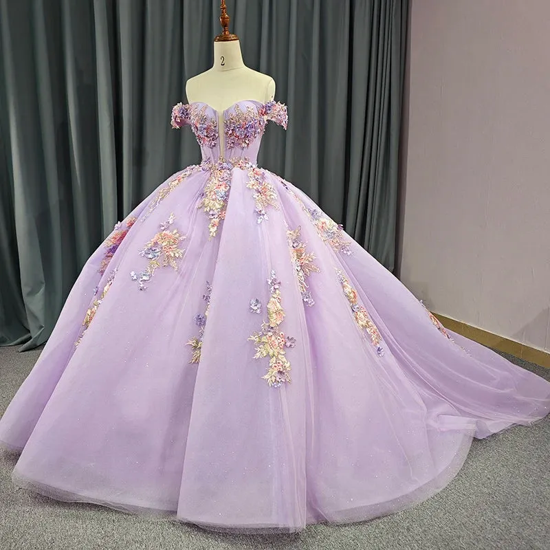 Chic Princess Deep V-neck Appliques Beading Court Train Quinceanera Dresses