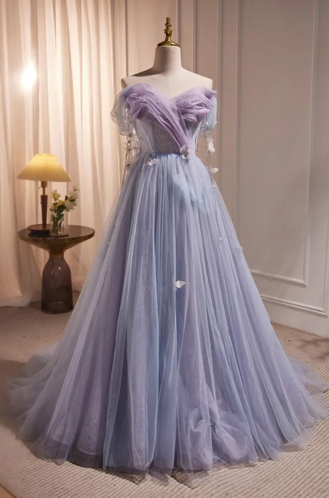 Chic Strapless Purple A Line Tulle Long Prom Dresses Unique Party Gown