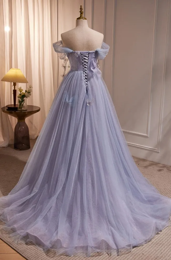 Chic Strapless Purple A Line Tulle Long Prom Dresses Unique Party Gown