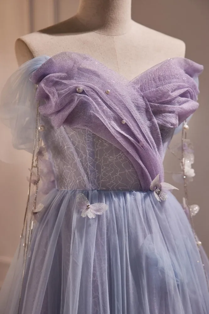 Chic Strapless Purple A Line Tulle Long Prom Dresses Unique Party Gown