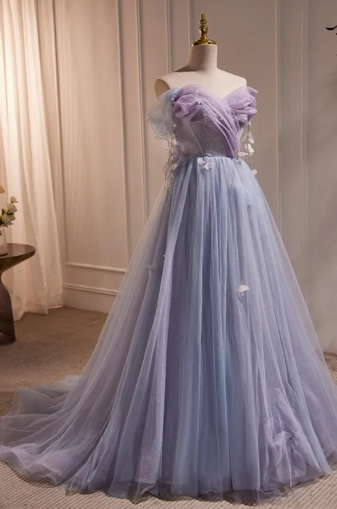 Chic Strapless Purple A Line Tulle Long Prom Dresses Unique Party Gown