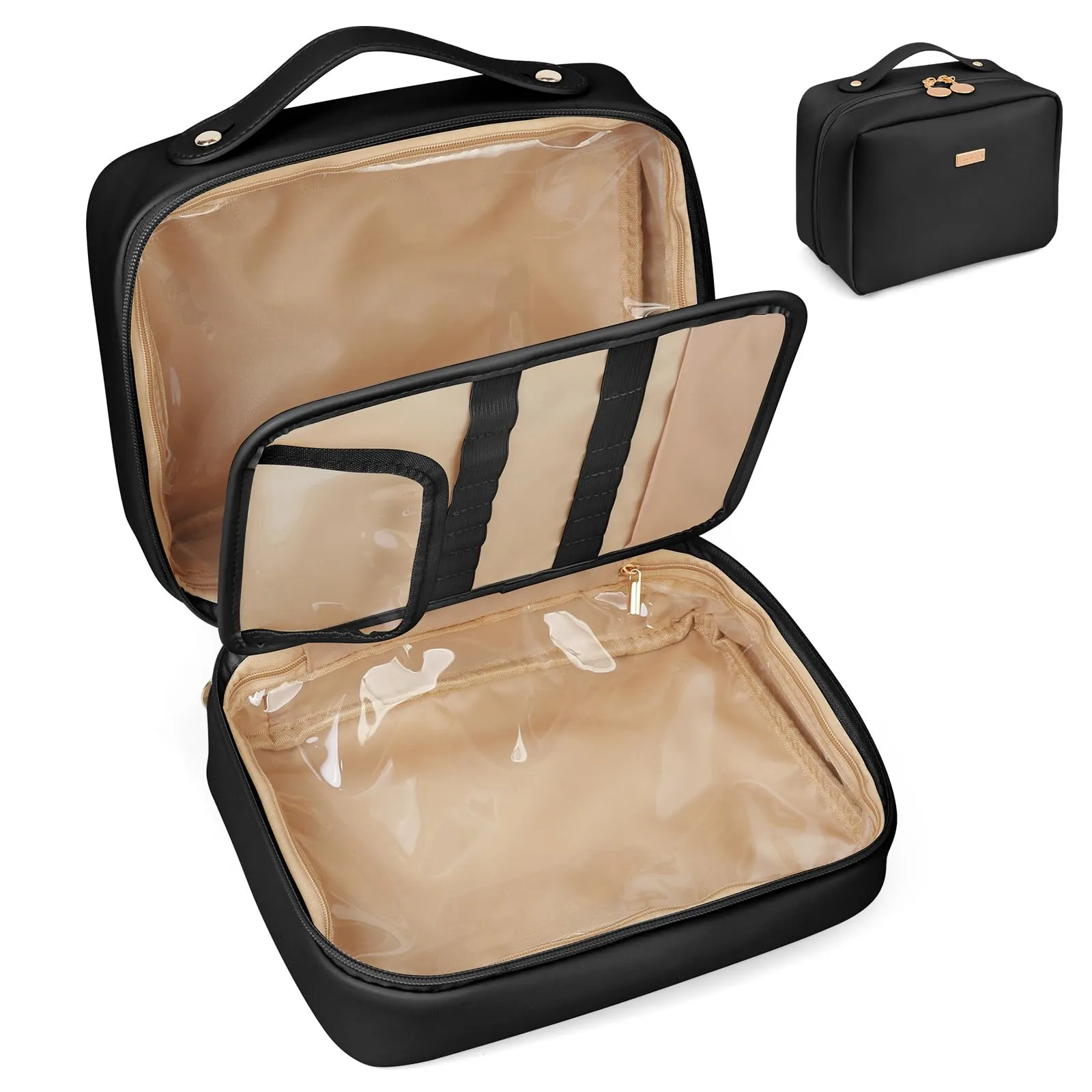 ChicVessel Travel Makeup Bag Large Makeup Organizer Open Flat Make Up Bag Portable PU Leather Cosmetic Bags for Women Travel Makeup Organizer - Black