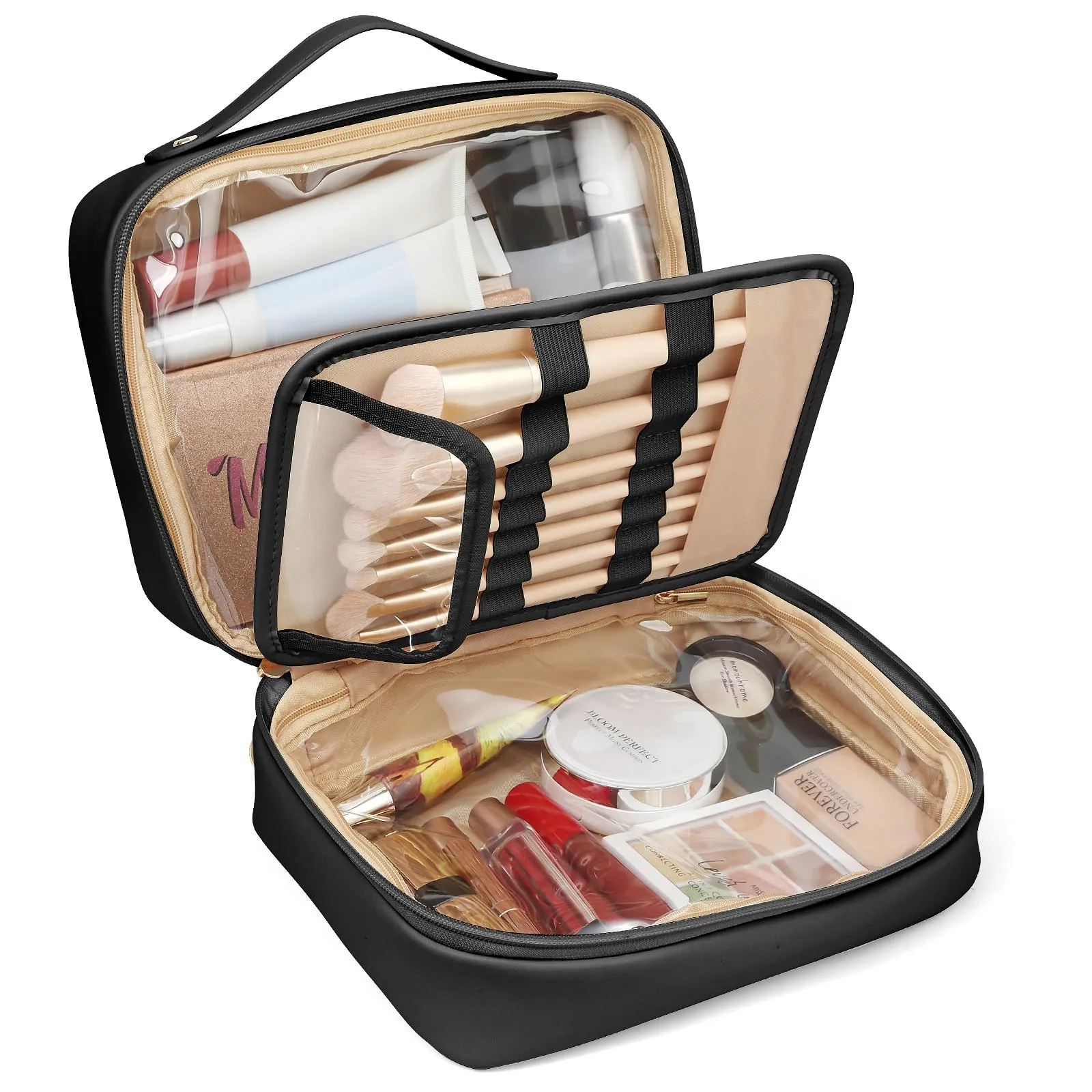 ChicVessel Travel Makeup Bag Large Makeup Organizer Open Flat Make Up Bag Portable PU Leather Cosmetic Bags for Women Travel Makeup Organizer - Black