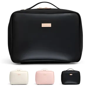 ChicVessel Travel Makeup Bag Large Makeup Organizer Open Flat Make Up Bag Portable PU Leather Cosmetic Bags for Women Travel Makeup Organizer - Black