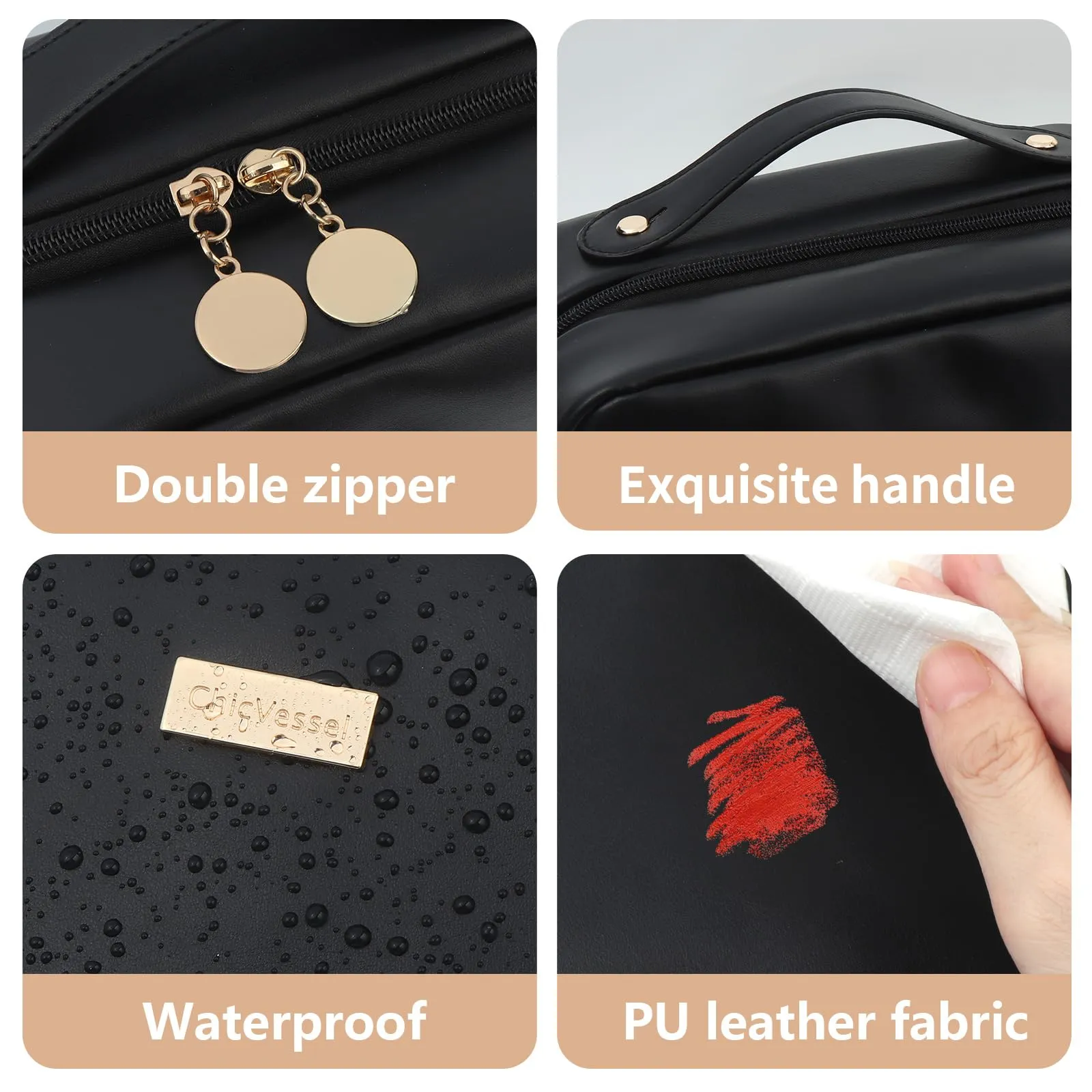 ChicVessel Travel Makeup Bag Large Makeup Organizer Open Flat Make Up Bag Portable PU Leather Cosmetic Bags for Women Travel Makeup Organizer - Black