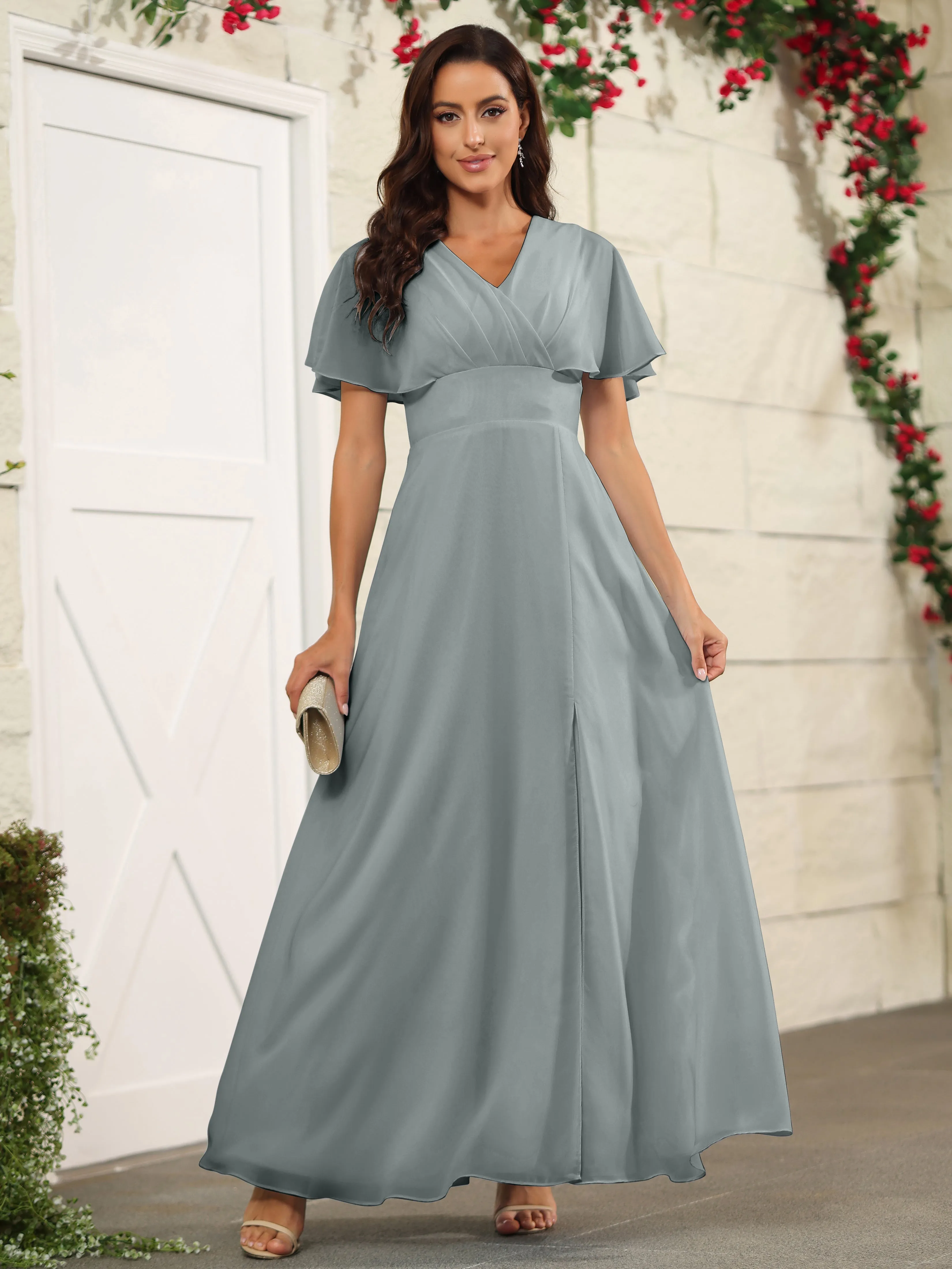Chiffon Short Sleeves V-Neck Bridesmaid Dress with Slit