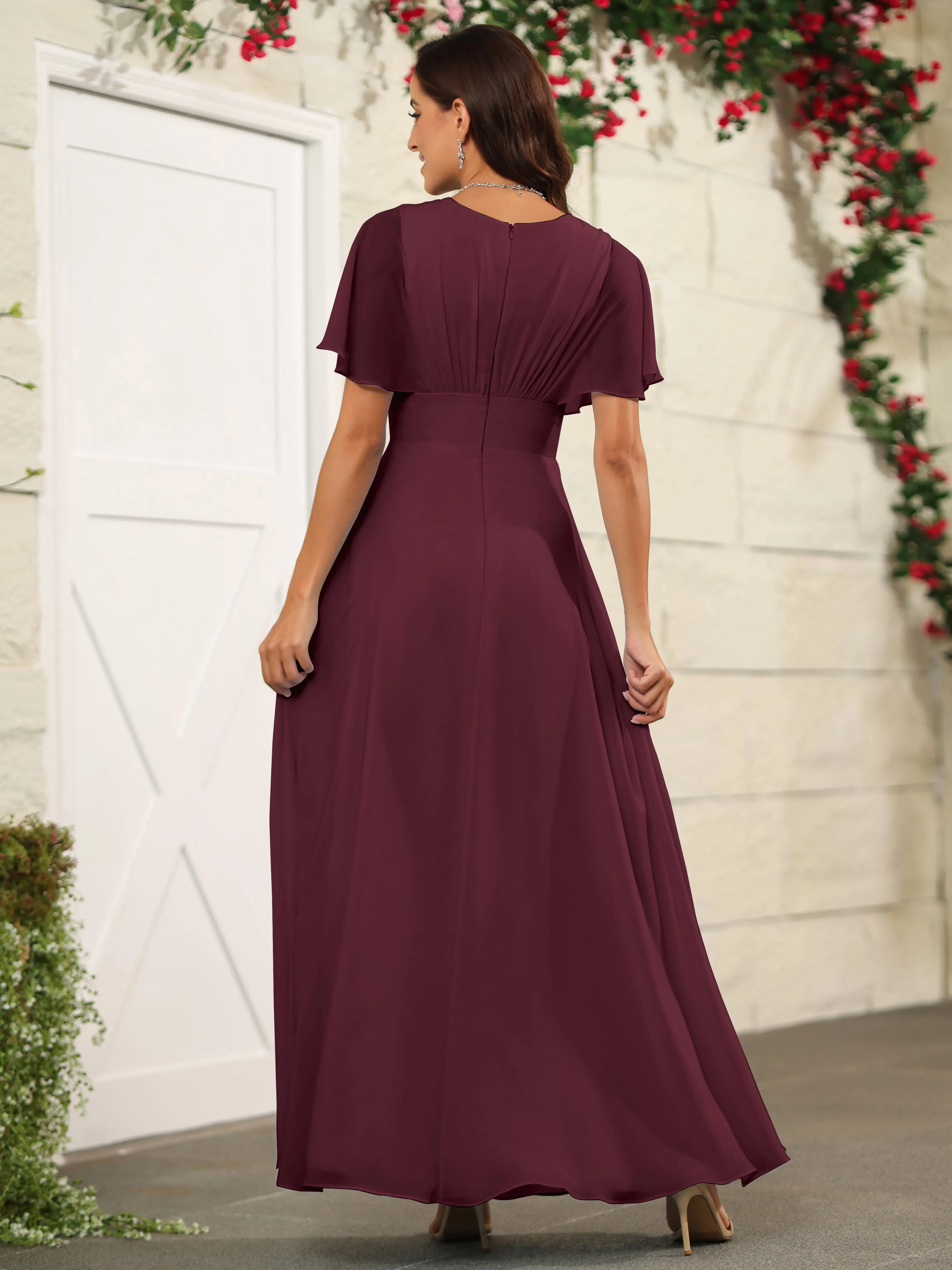 Chiffon Short Sleeves V-Neck Bridesmaid Dress with Slit
