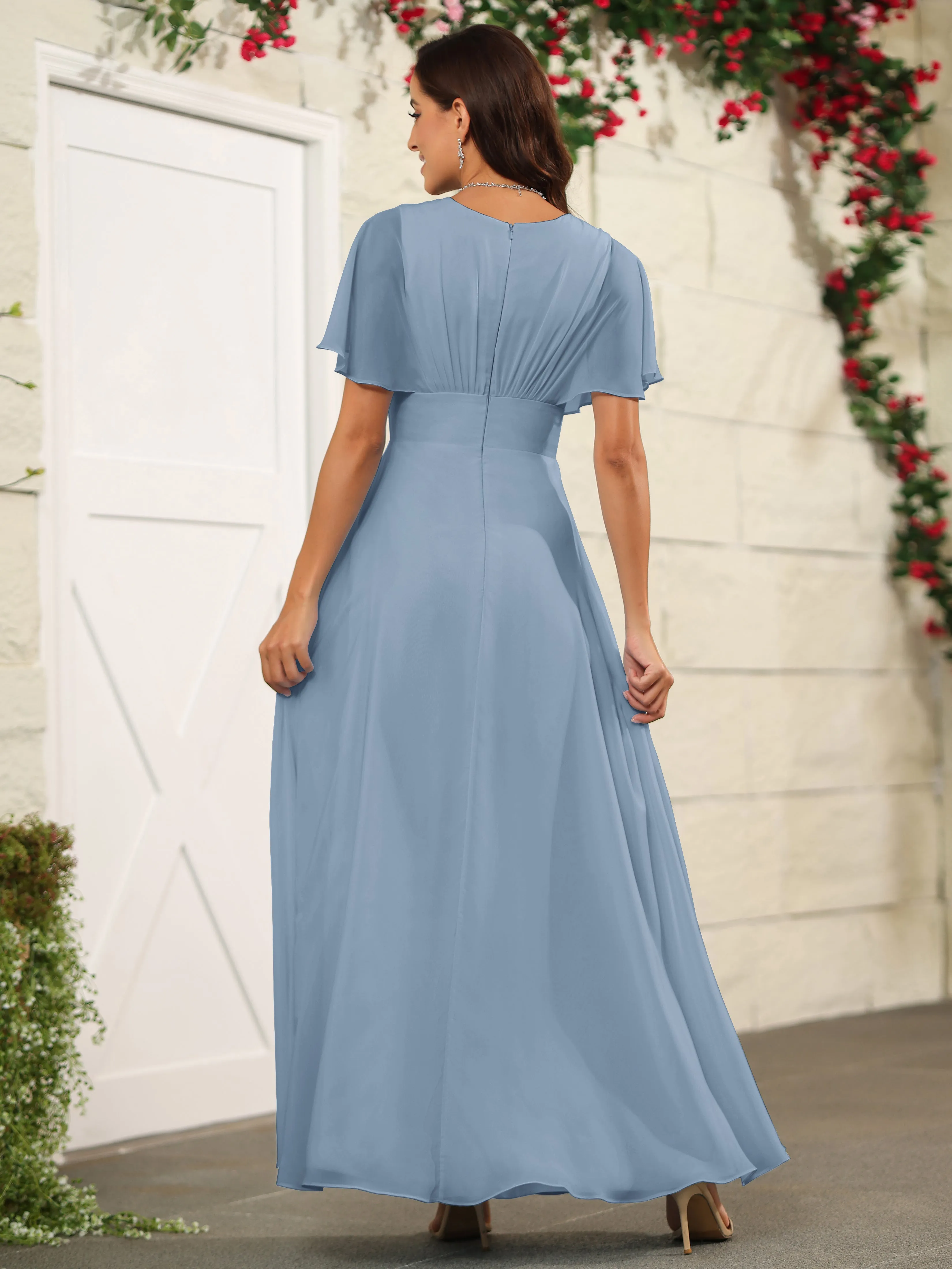Chiffon Short Sleeves V-Neck Bridesmaid Dress with Slit