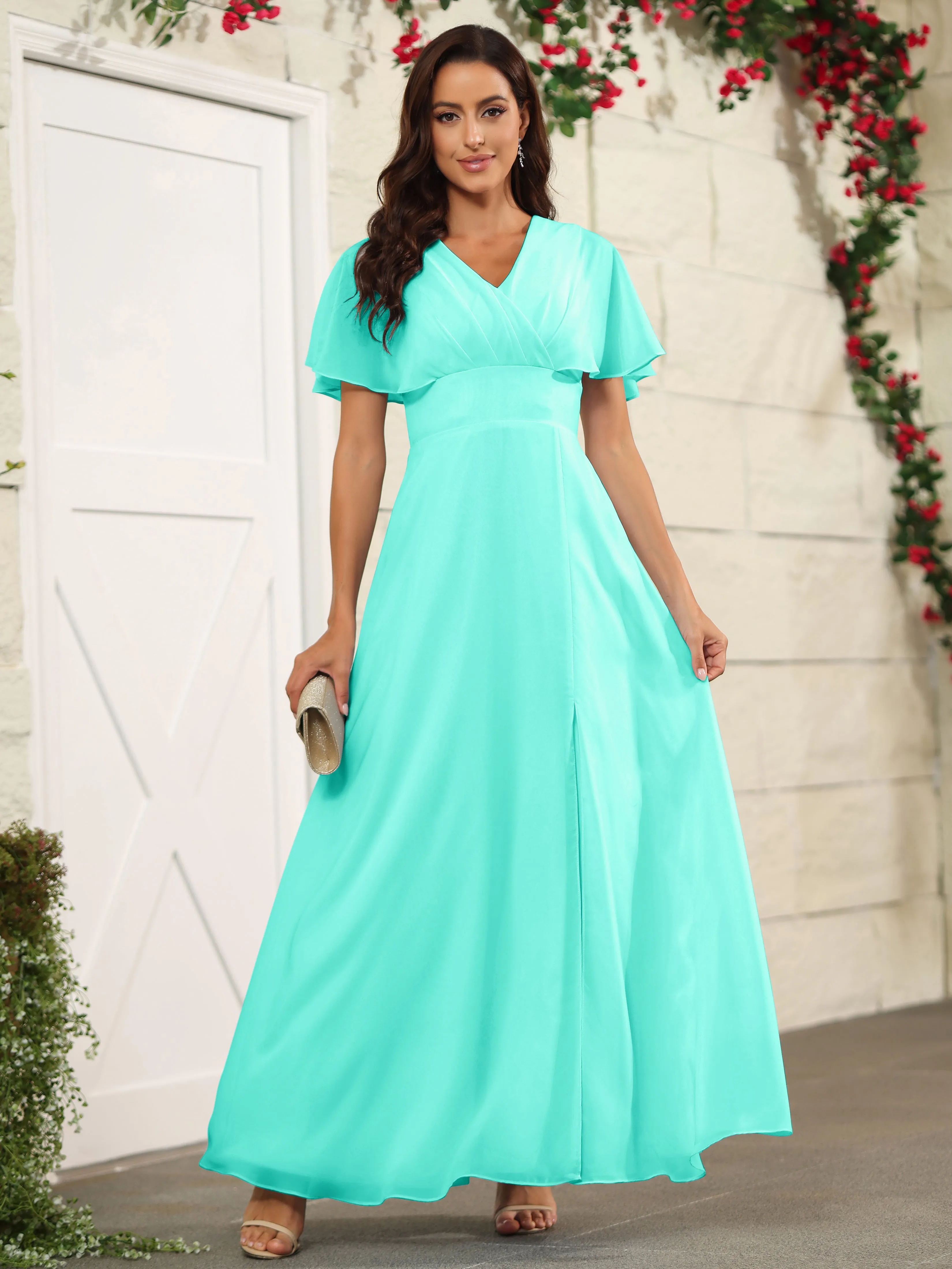 Chiffon Short Sleeves V-Neck Bridesmaid Dress with Slit