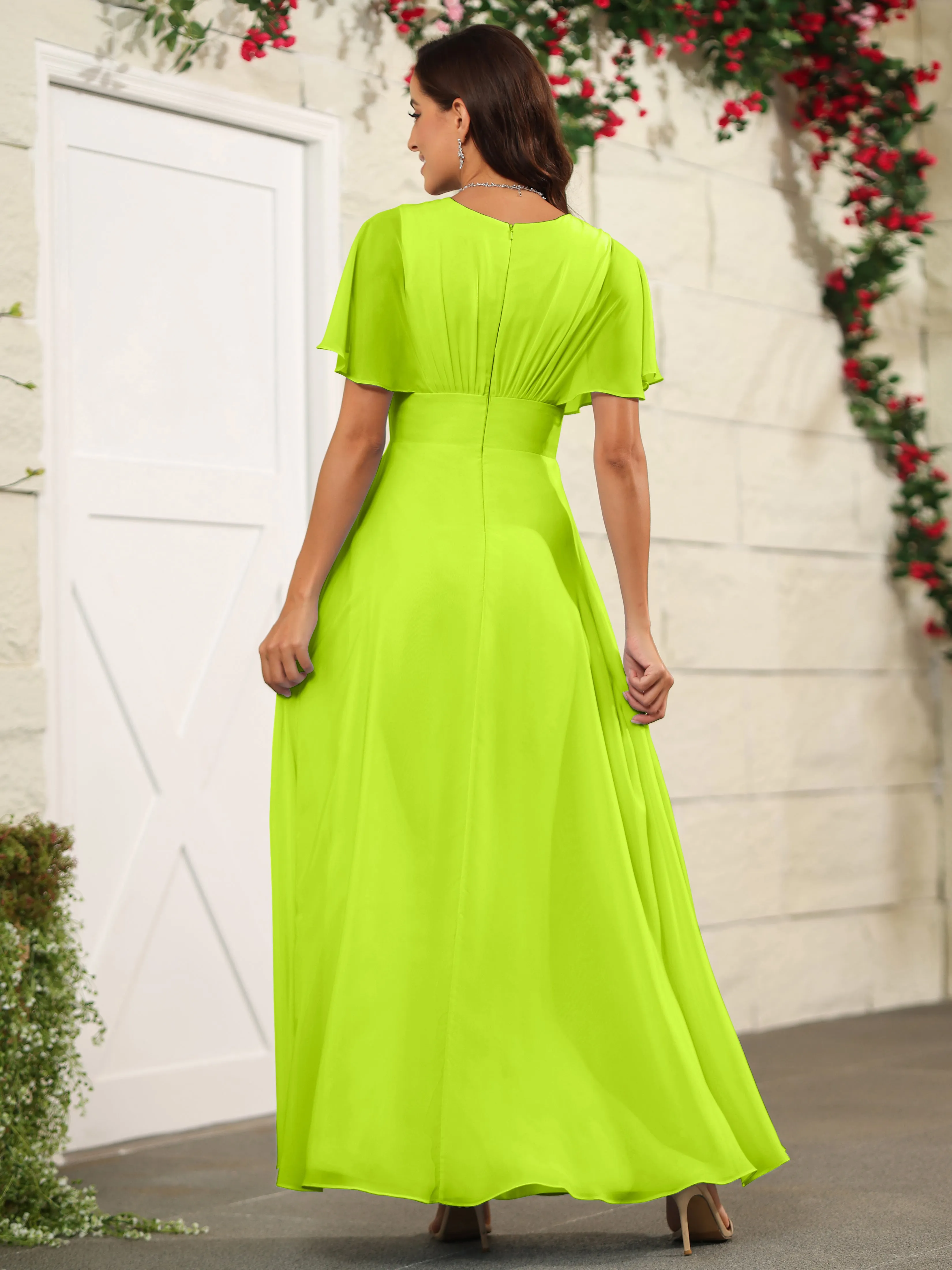 Chiffon Short Sleeves V-Neck Bridesmaid Dress with Slit