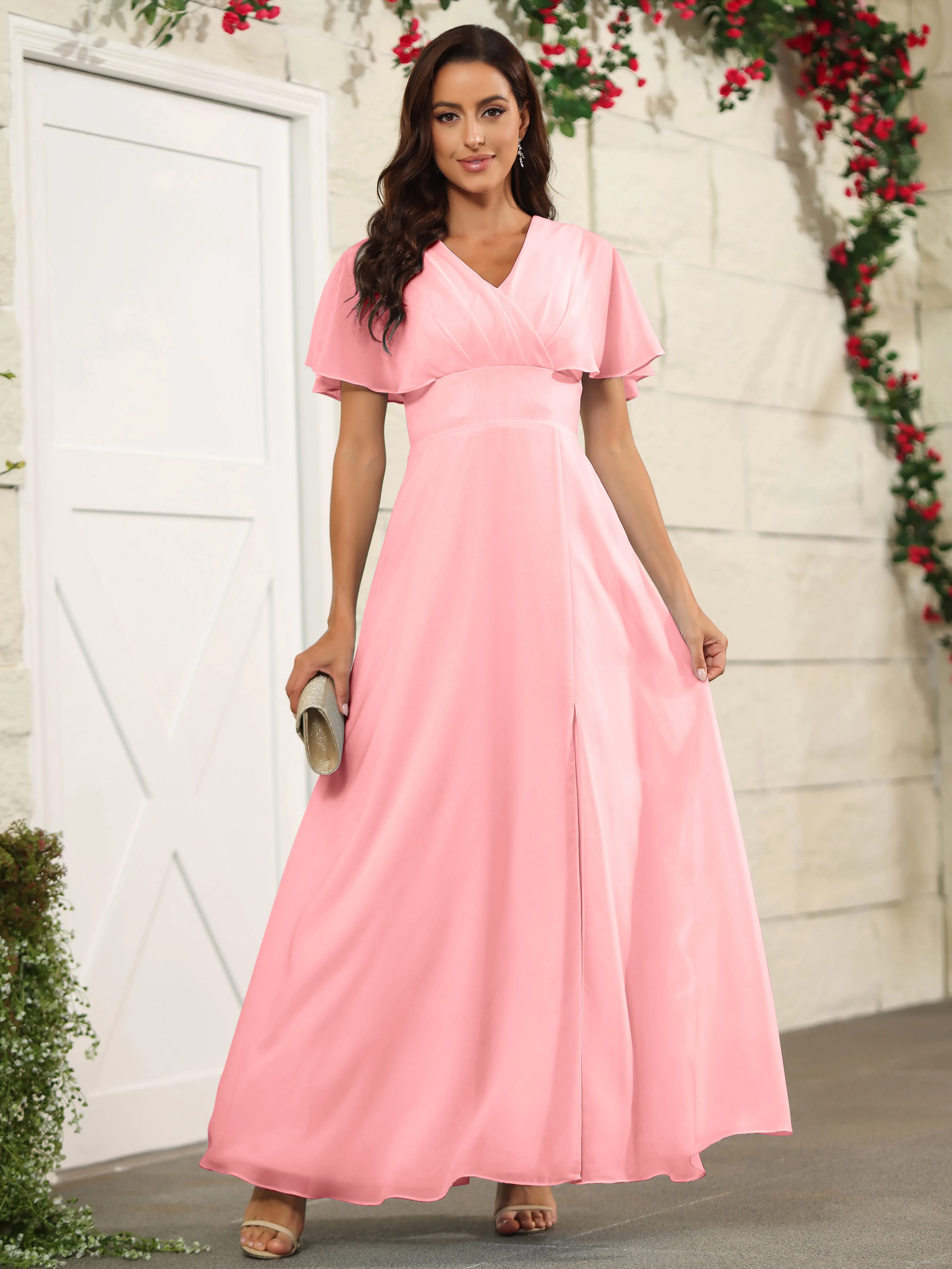 Chiffon Short Sleeves V-Neck Bridesmaid Dress with Slit