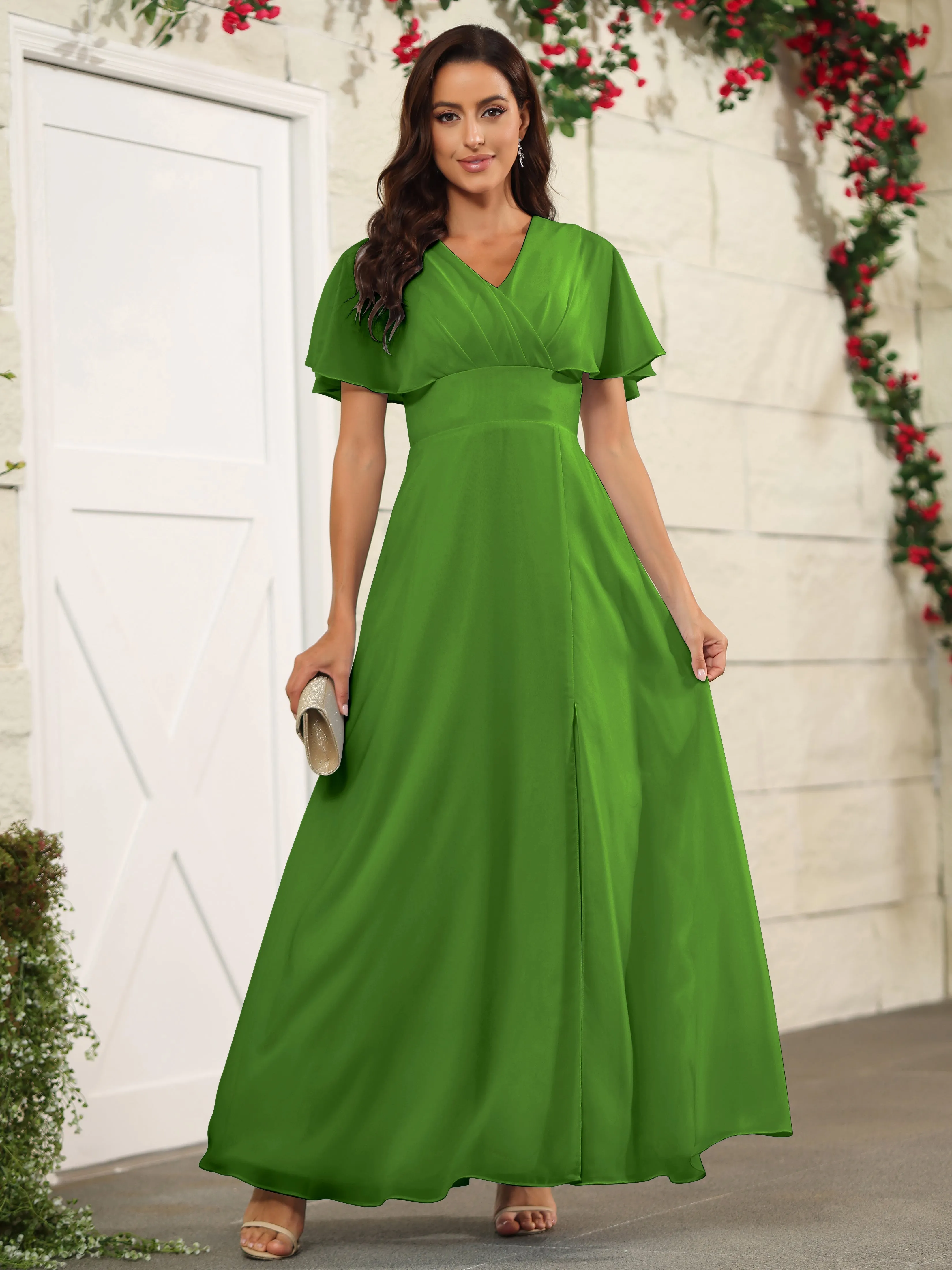 Chiffon Short Sleeves V-Neck Bridesmaid Dress with Slit