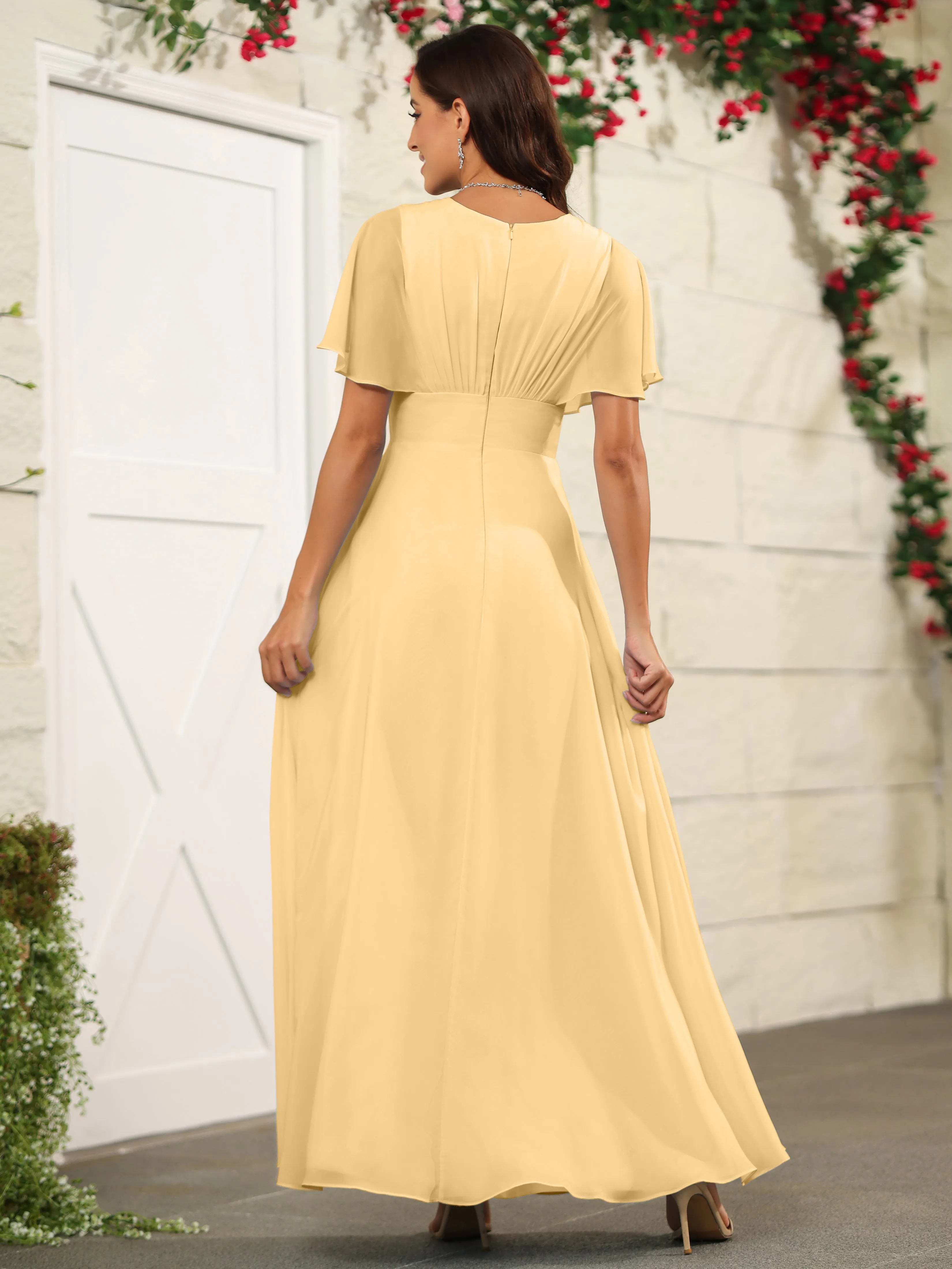 Chiffon Short Sleeves V-Neck Bridesmaid Dress with Slit