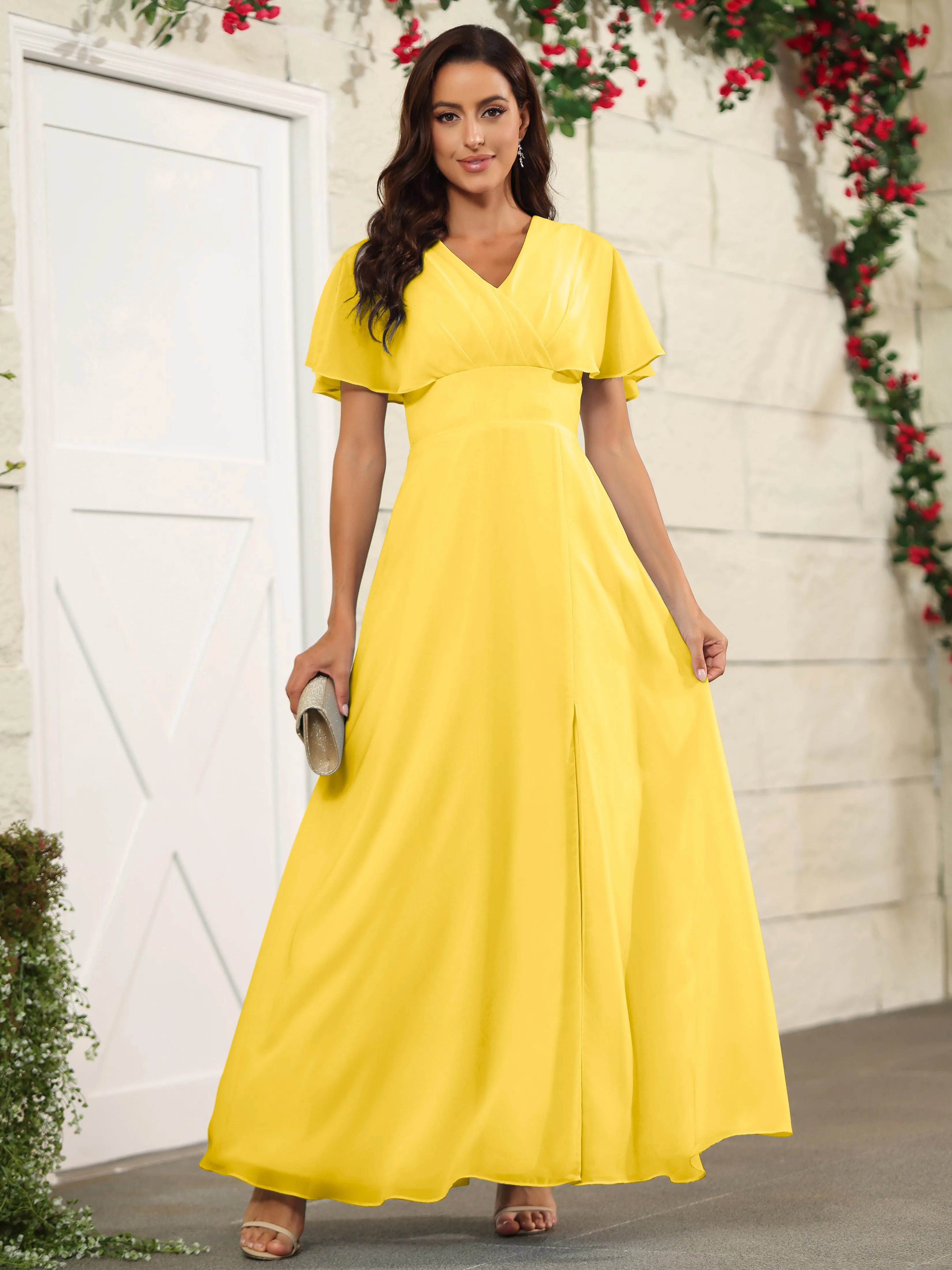 Chiffon Short Sleeves V-Neck Bridesmaid Dress with Slit
