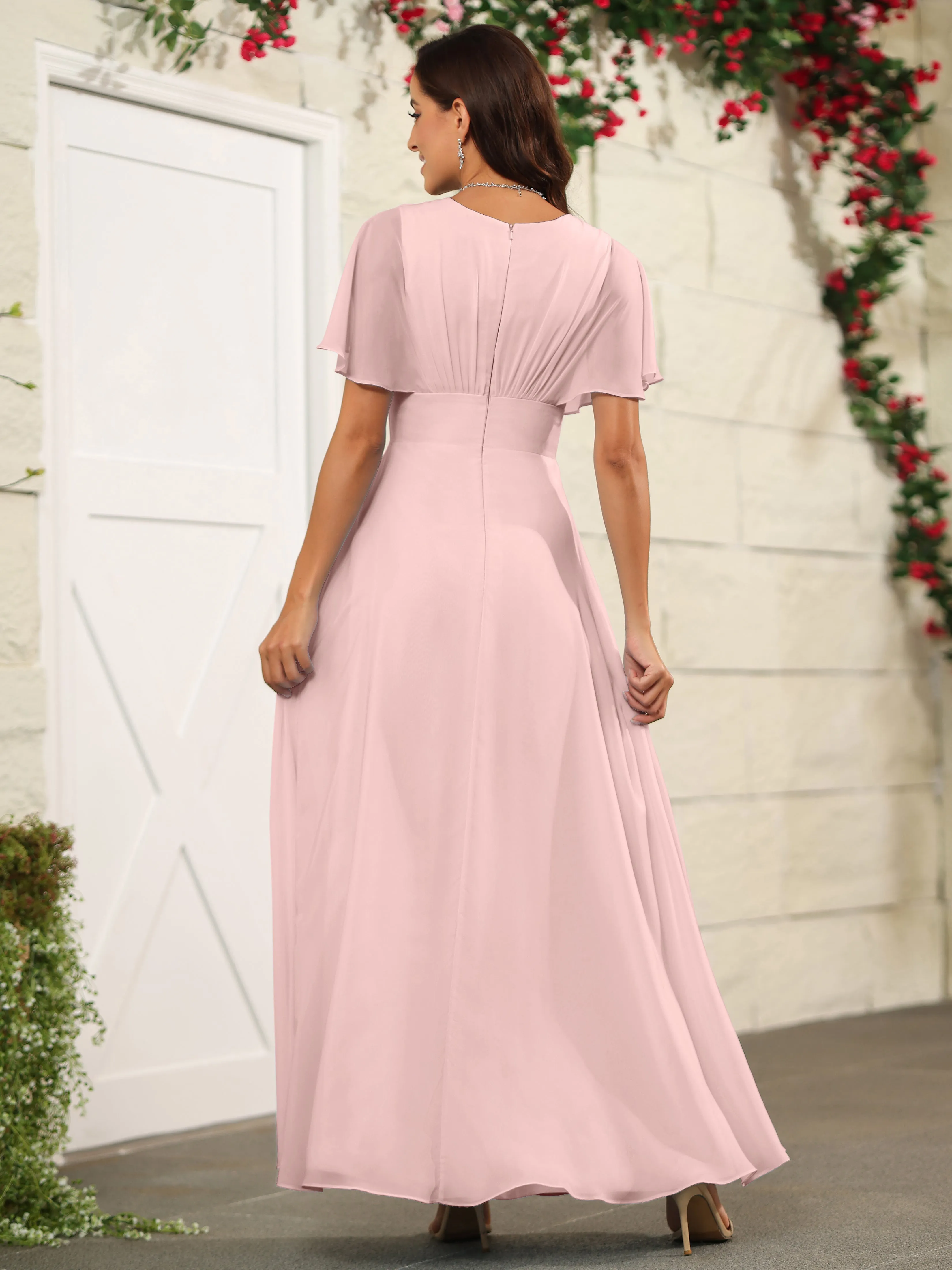 Chiffon Short Sleeves V-Neck Bridesmaid Dress with Slit