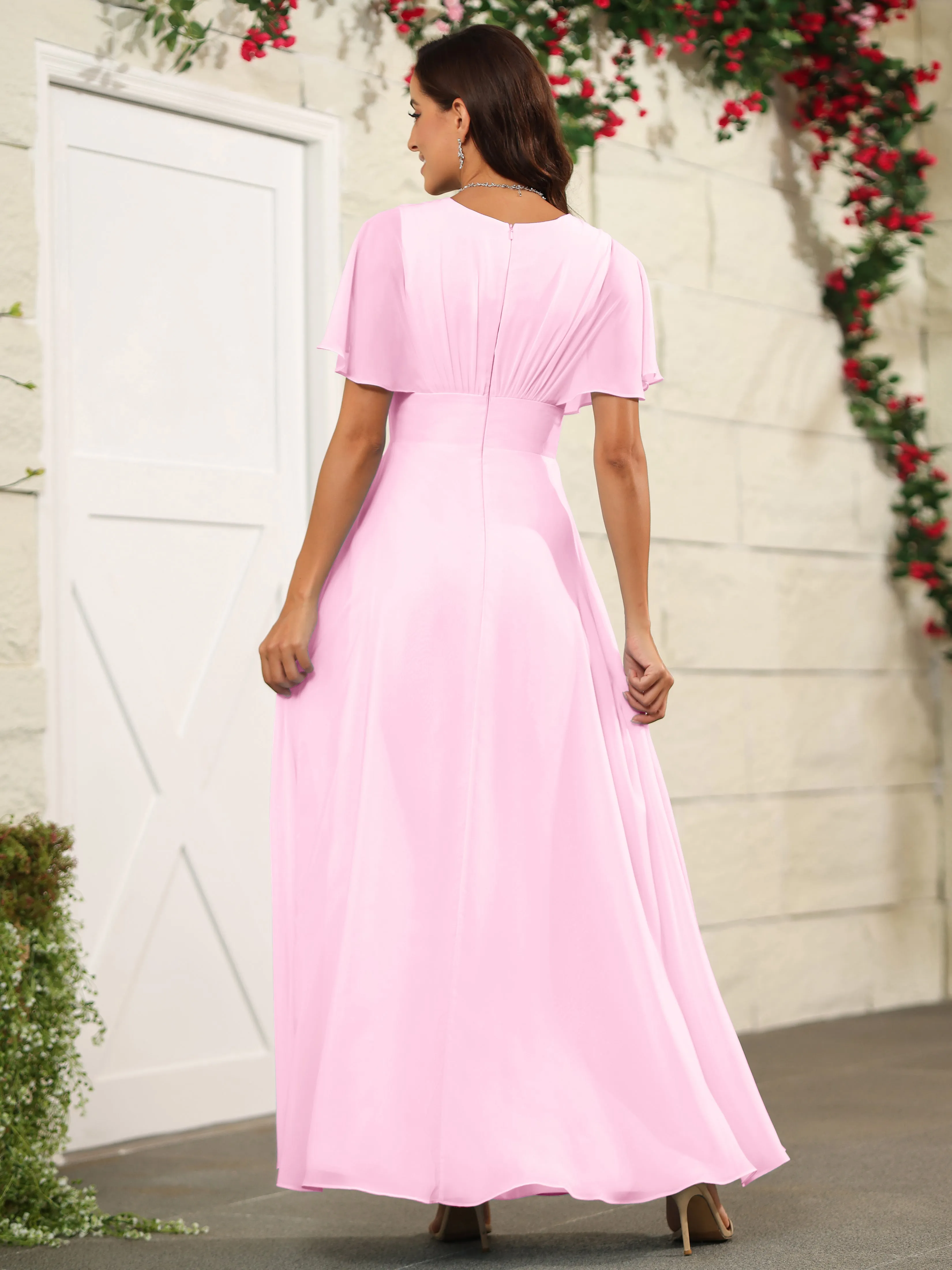 Chiffon Short Sleeves V-Neck Bridesmaid Dress with Slit