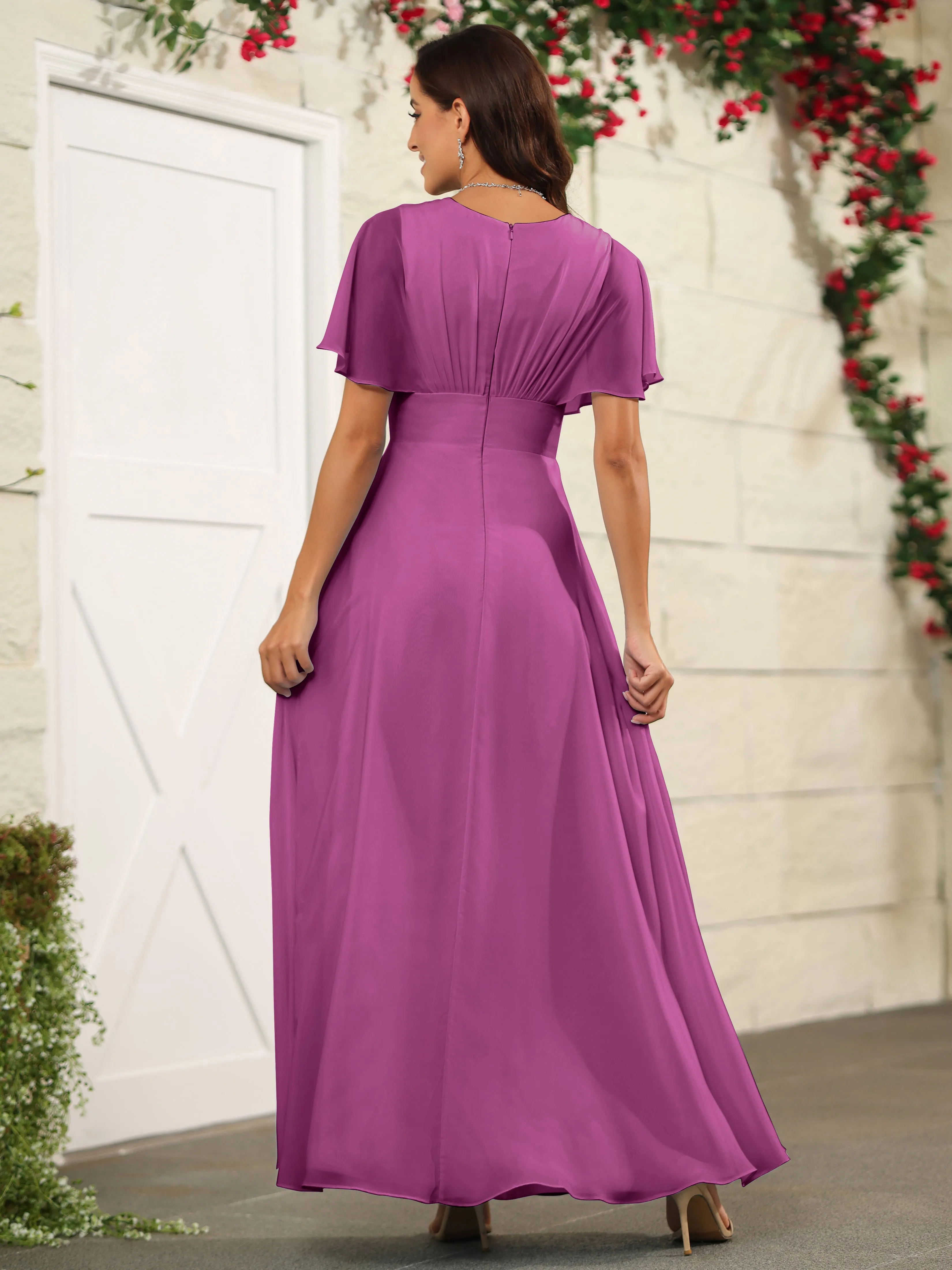 Chiffon Short Sleeves V-Neck Bridesmaid Dress with Slit