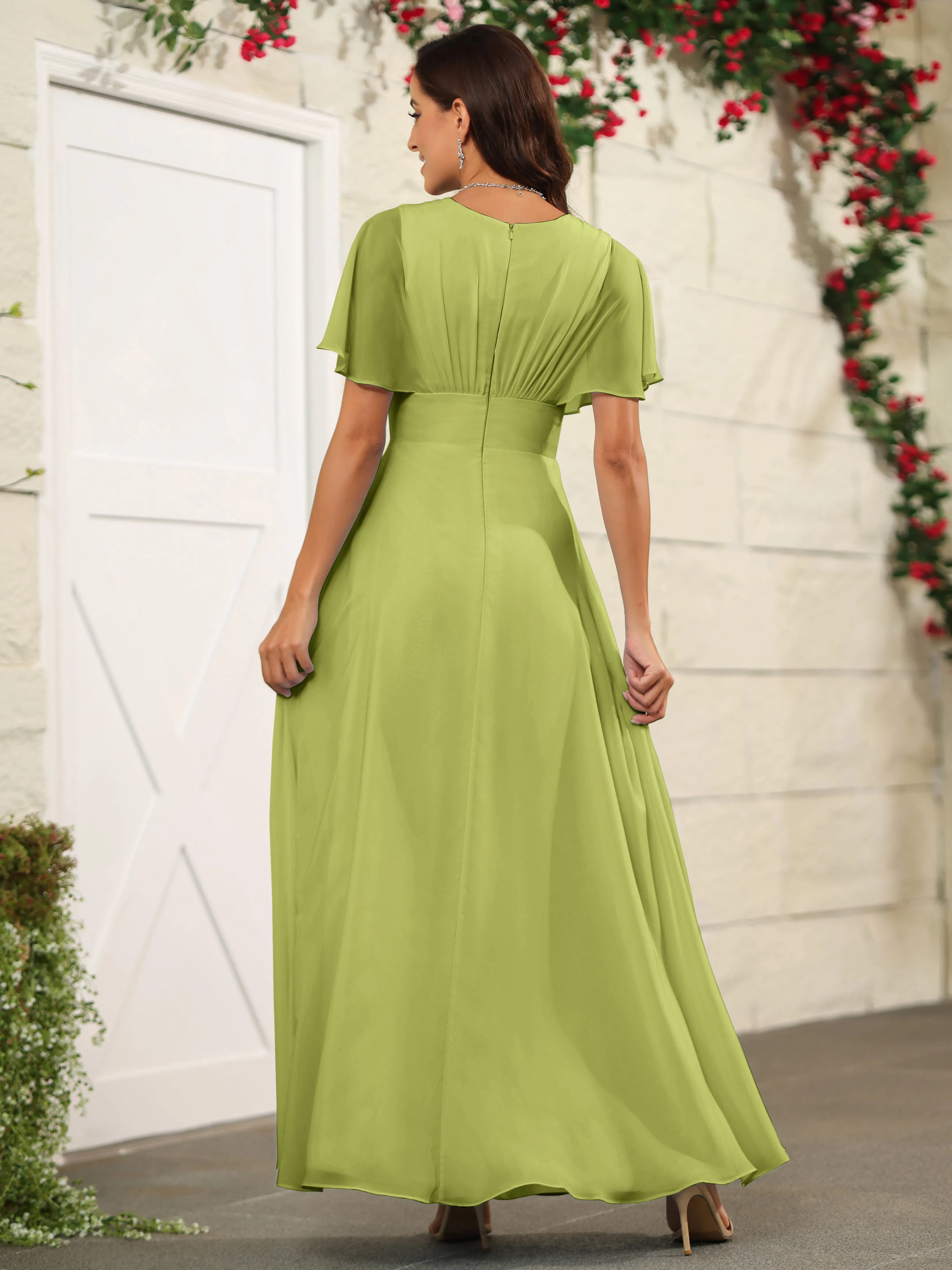 Chiffon Short Sleeves V-Neck Bridesmaid Dress with Slit