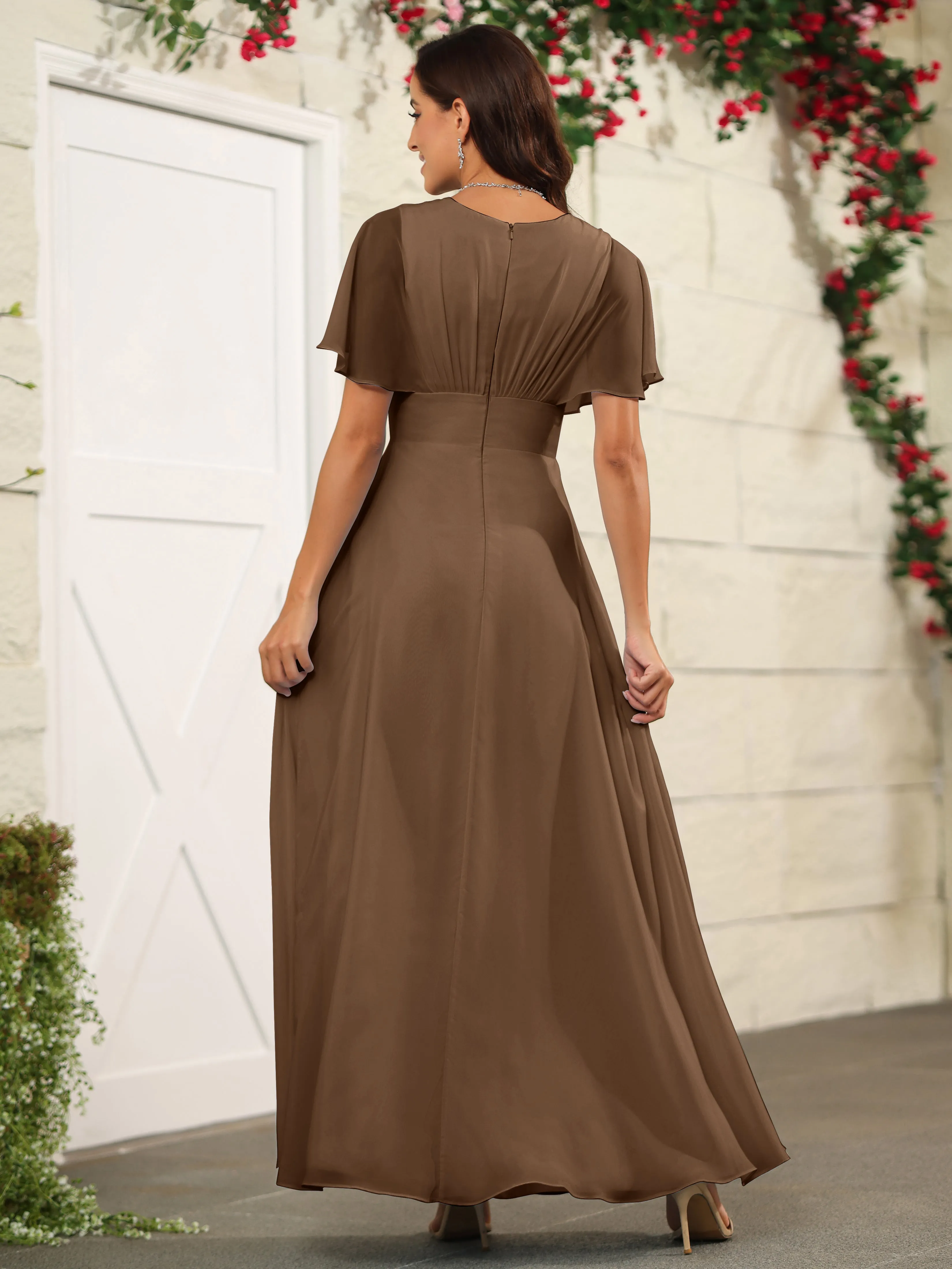 Chiffon Short Sleeves V-Neck Bridesmaid Dress with Slit