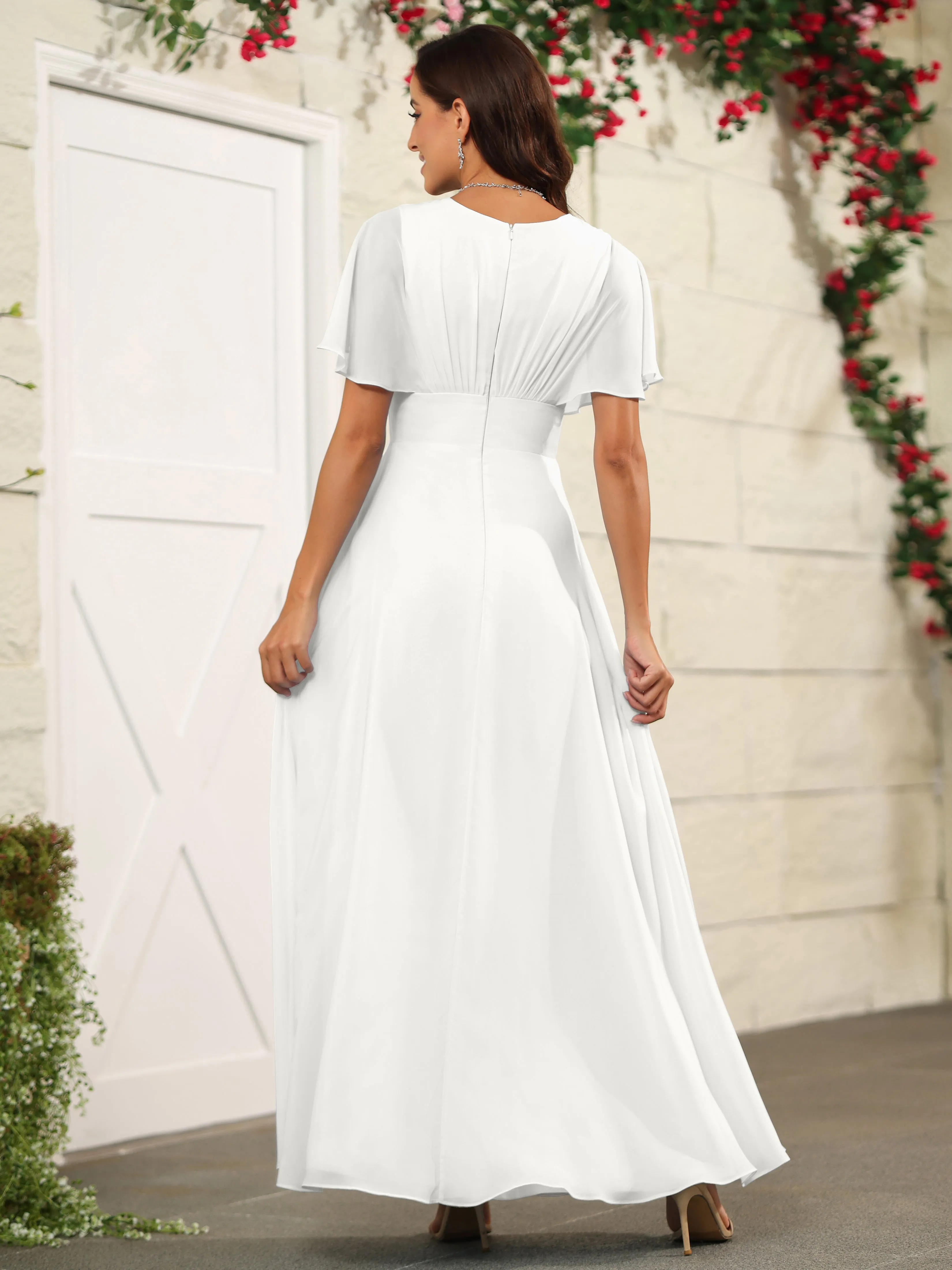 Chiffon Short Sleeves V-Neck Bridesmaid Dress with Slit