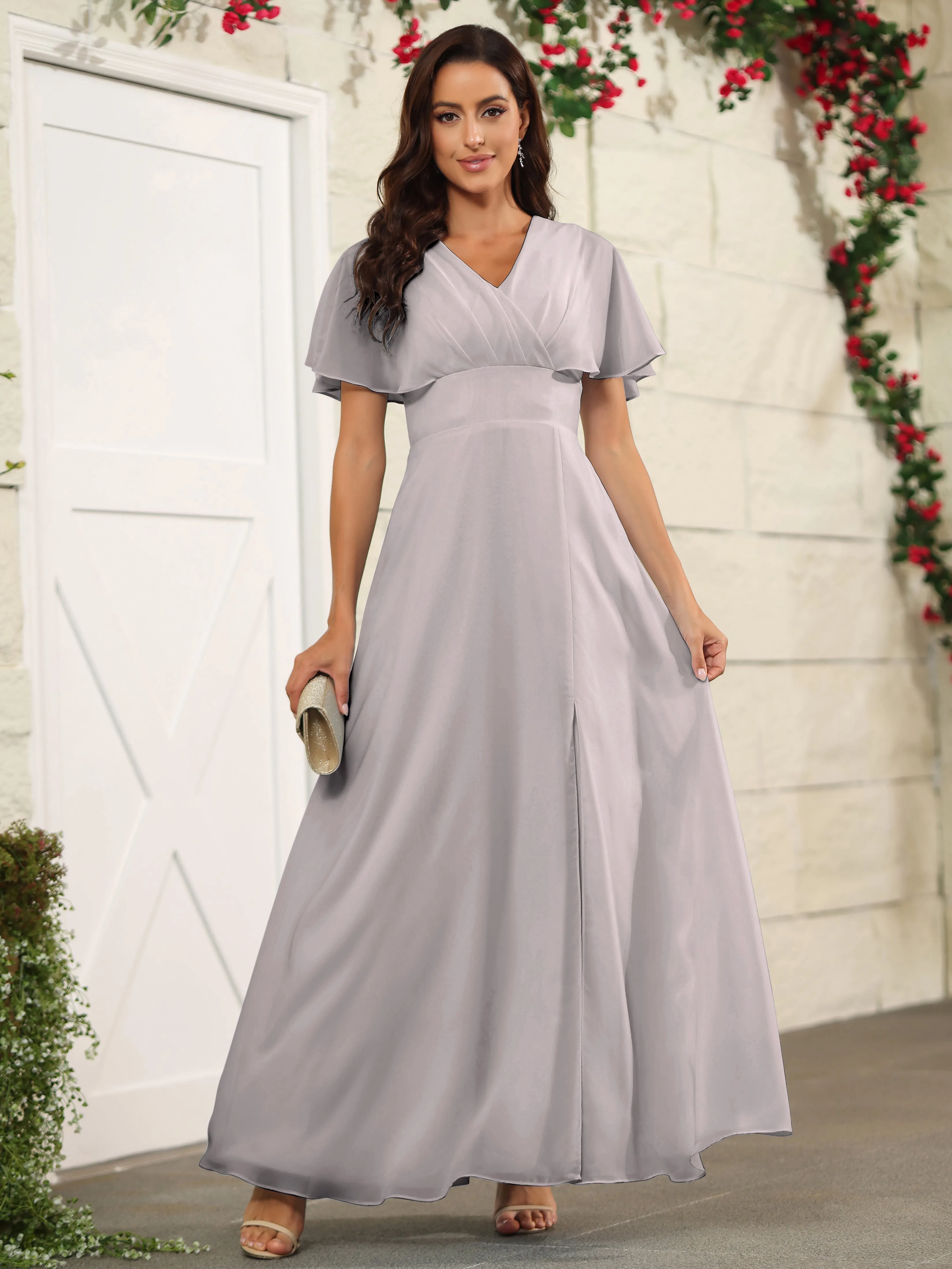 Chiffon Short Sleeves V-Neck Bridesmaid Dress with Slit
