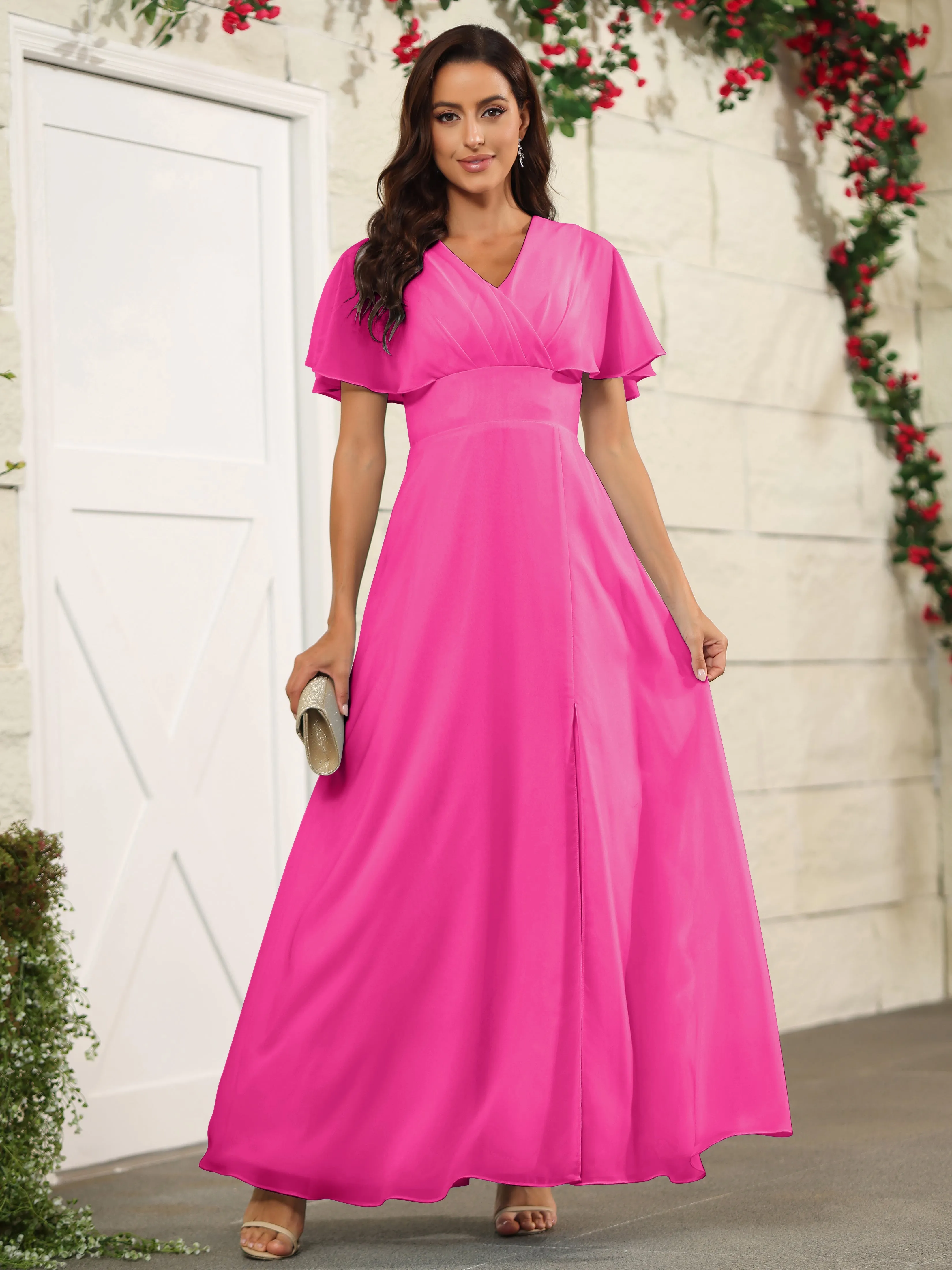Chiffon Short Sleeves V-Neck Bridesmaid Dress with Slit