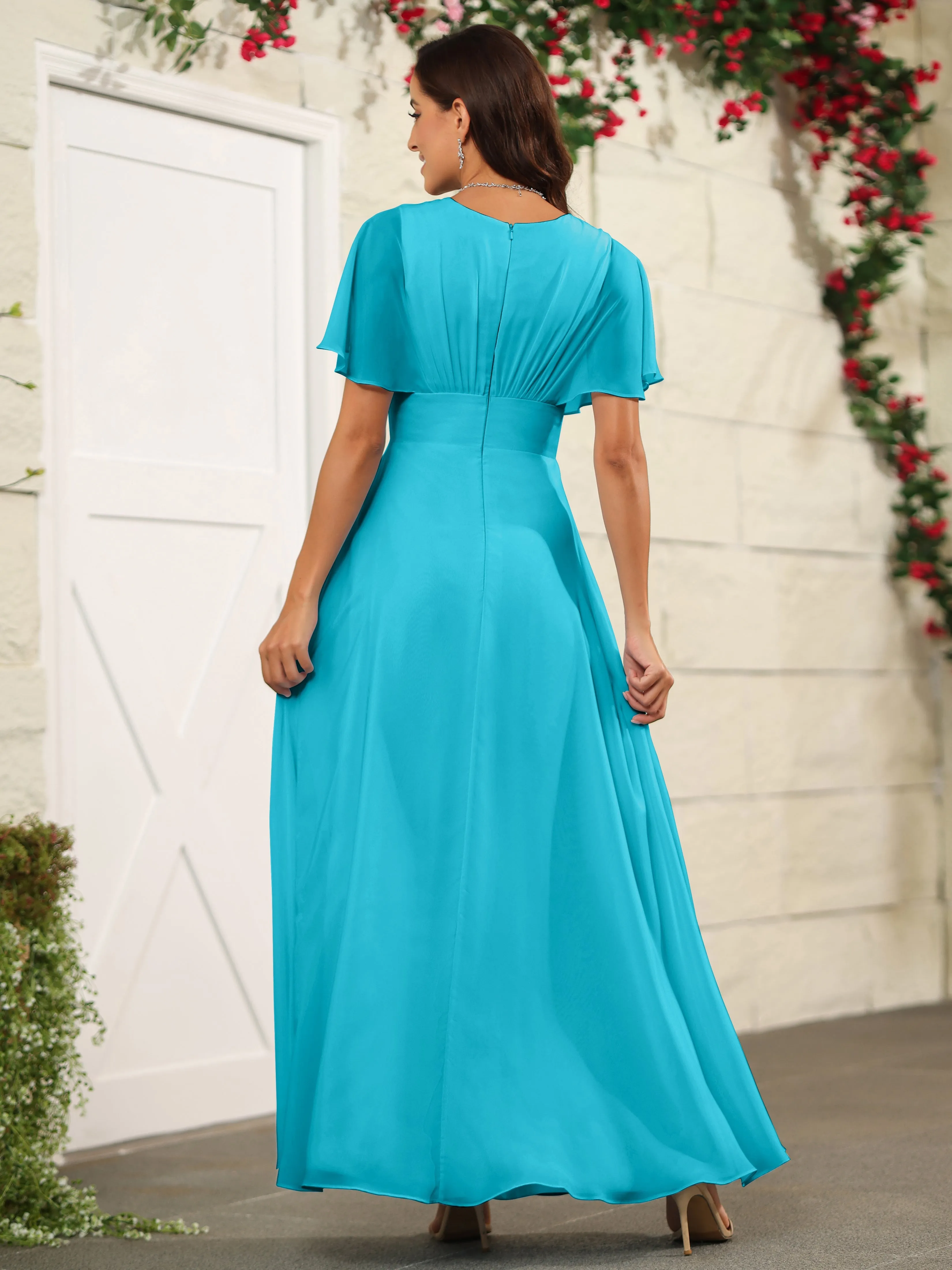 Chiffon Short Sleeves V-Neck Bridesmaid Dress with Slit