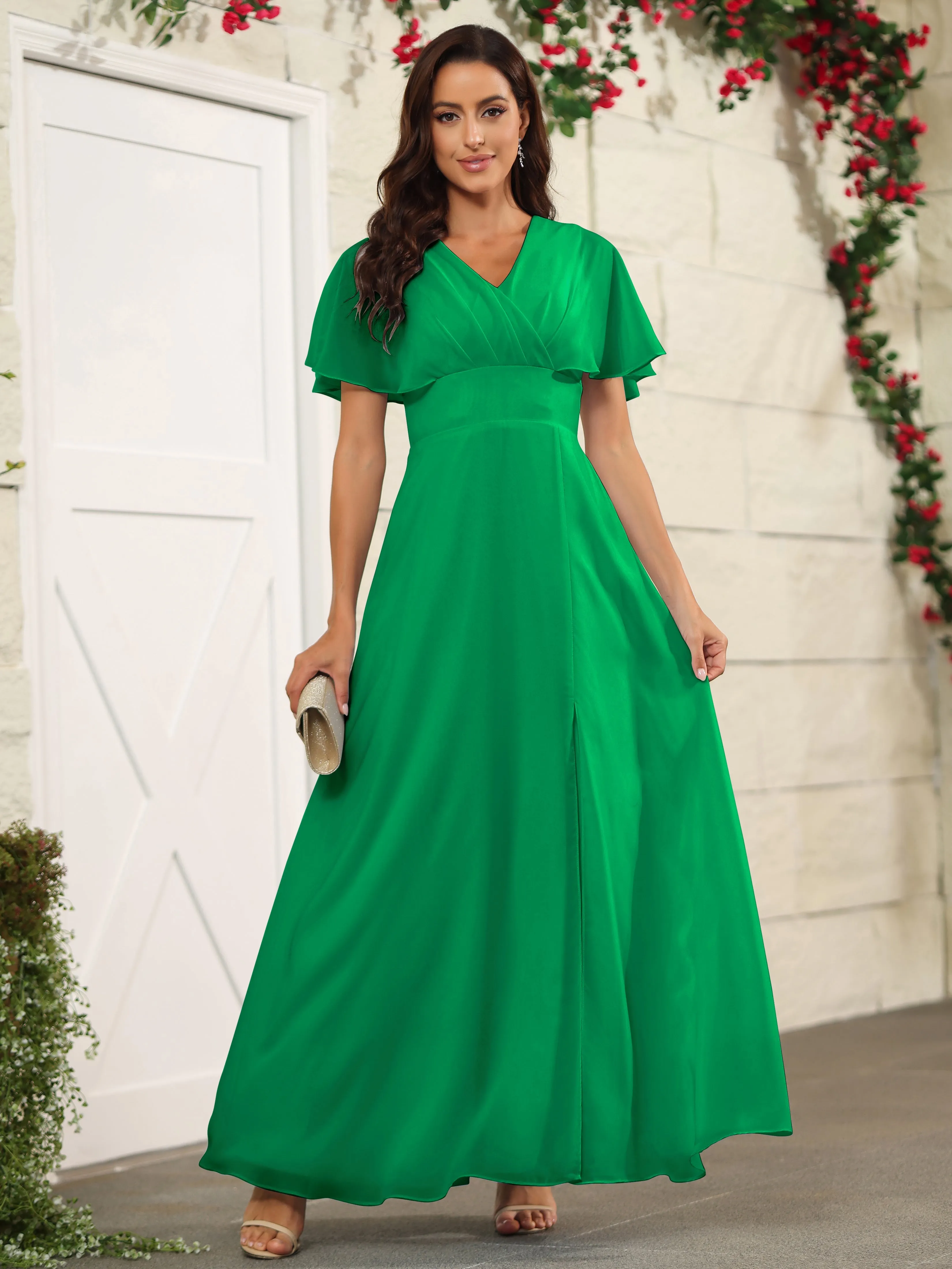 Chiffon Short Sleeves V-Neck Bridesmaid Dress with Slit