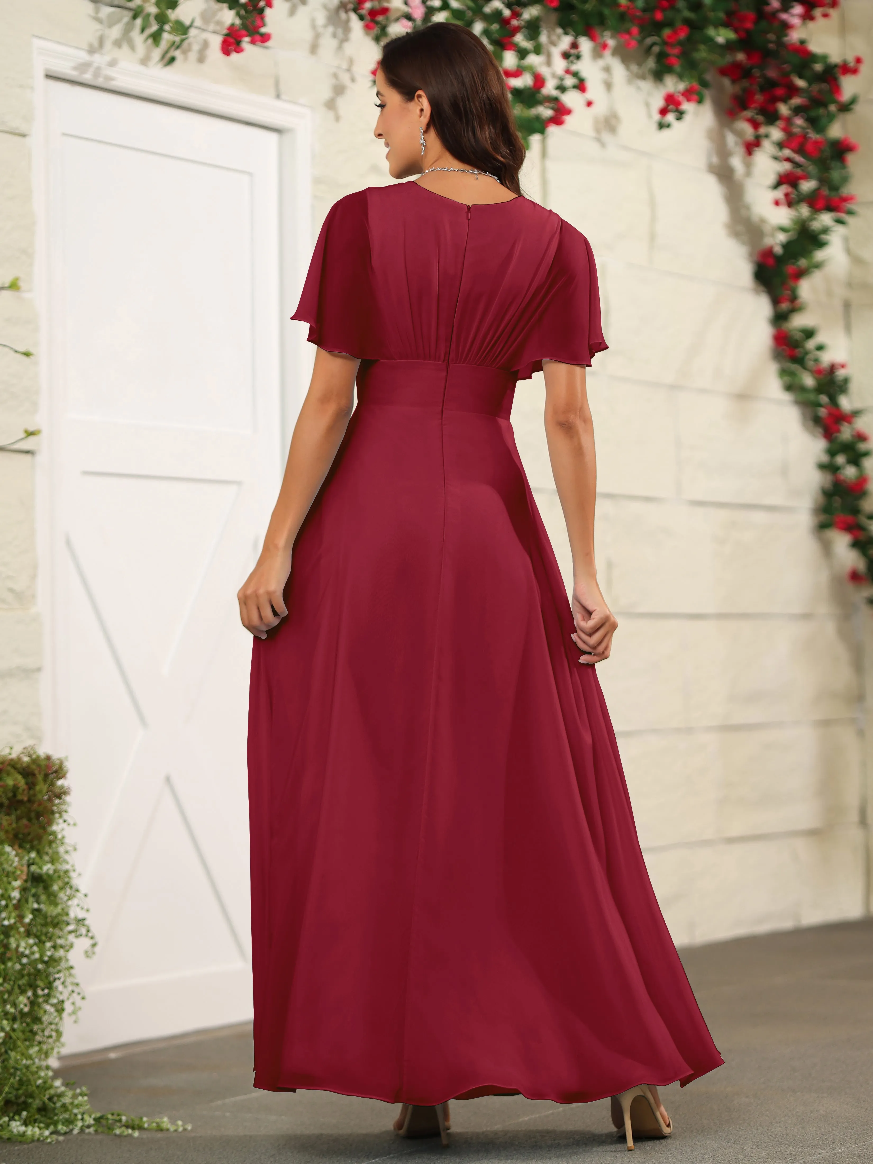 Chiffon Short Sleeves V-Neck Bridesmaid Dress with Slit