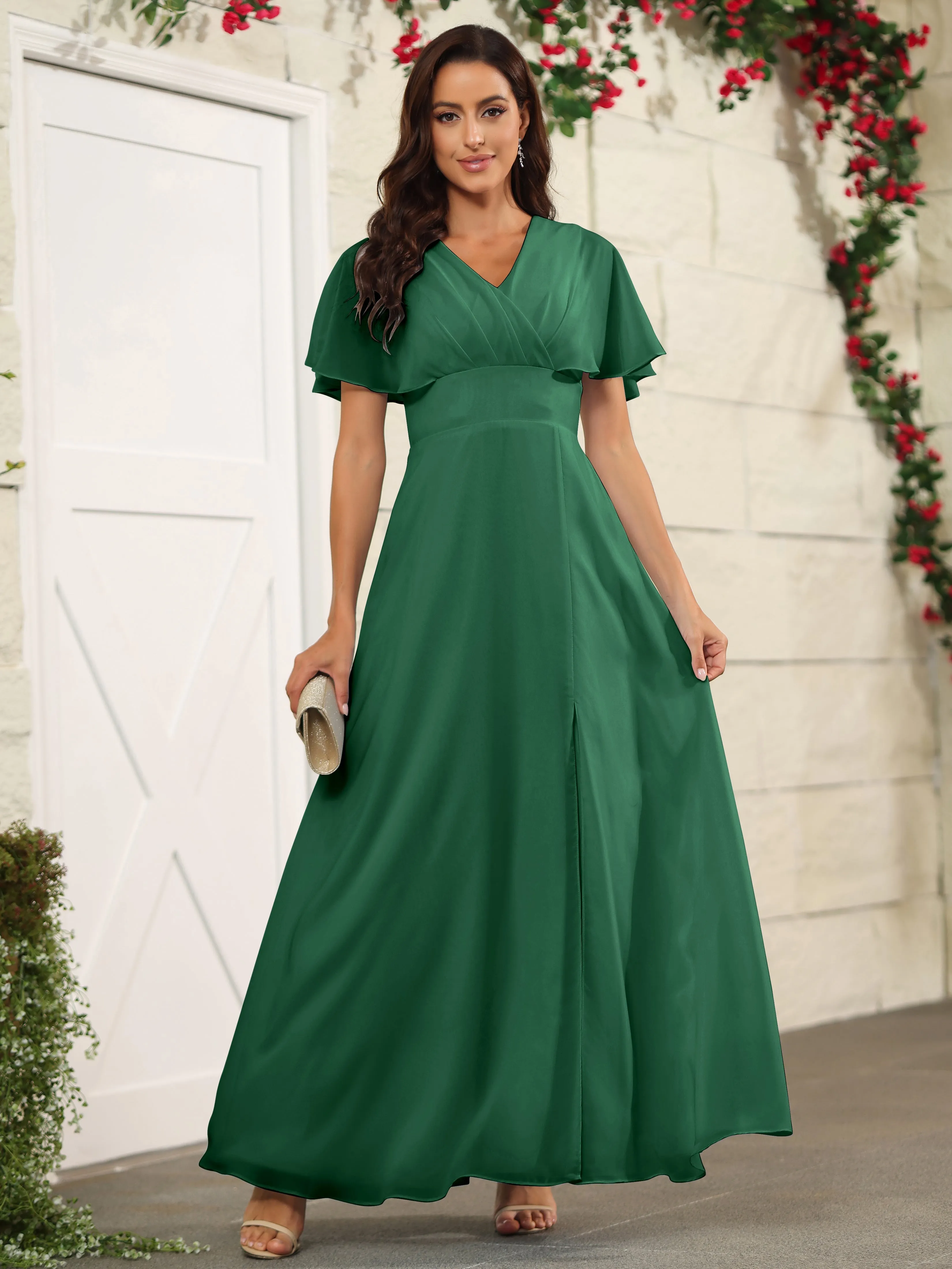 Chiffon Short Sleeves V-Neck Bridesmaid Dress with Slit
