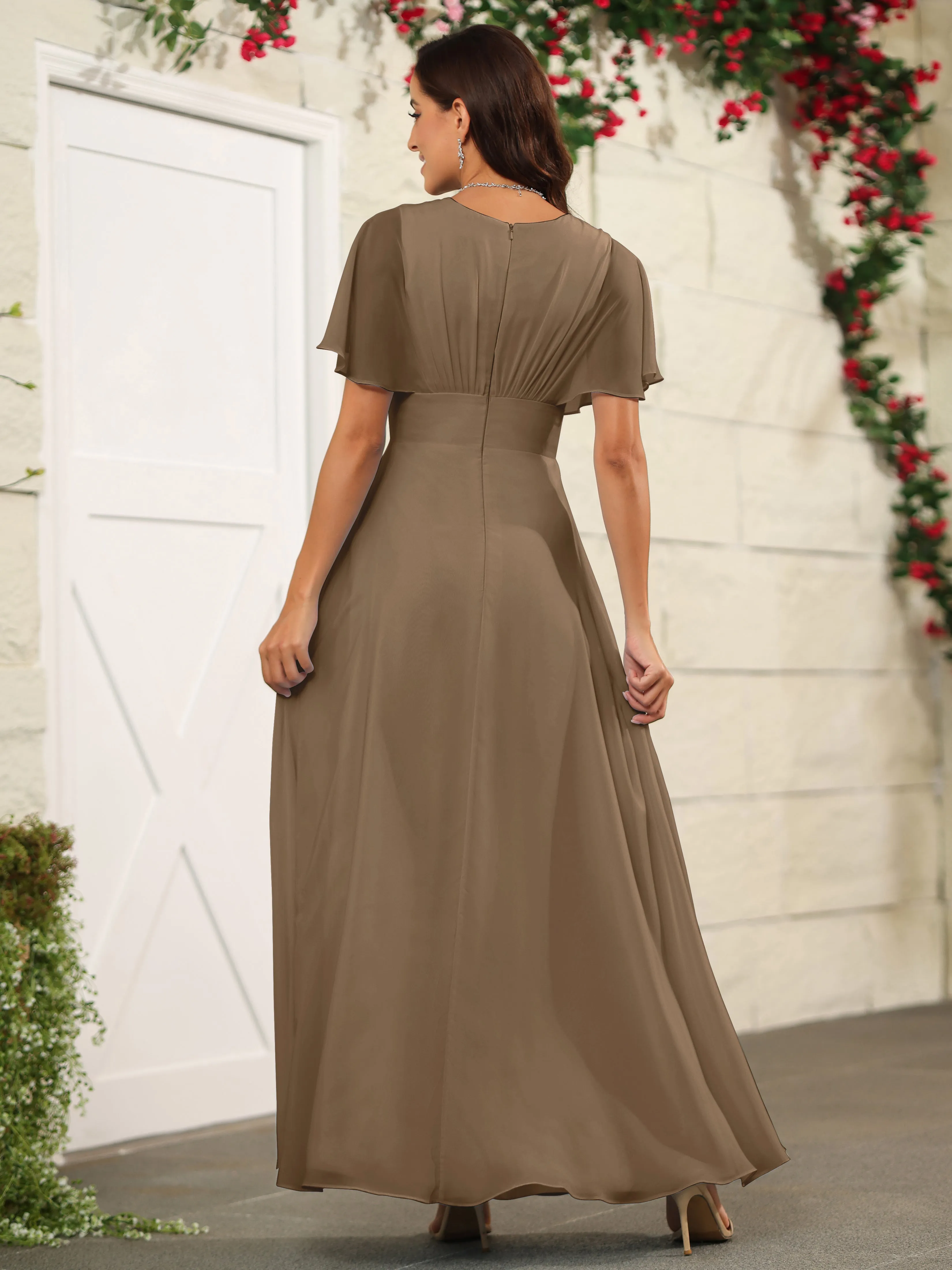 Chiffon Short Sleeves V-Neck Bridesmaid Dress with Slit