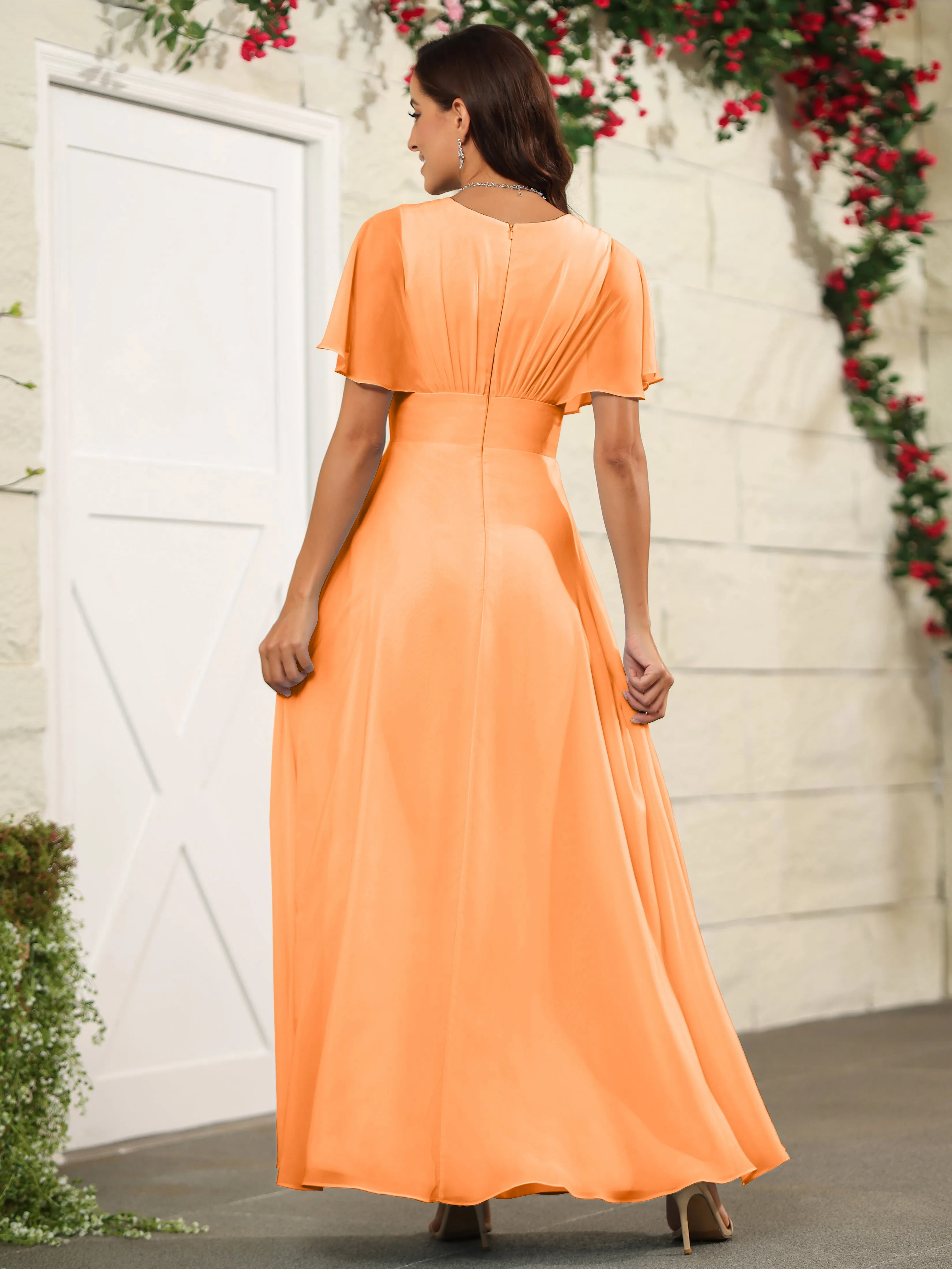 Chiffon Short Sleeves V-Neck Bridesmaid Dress with Slit