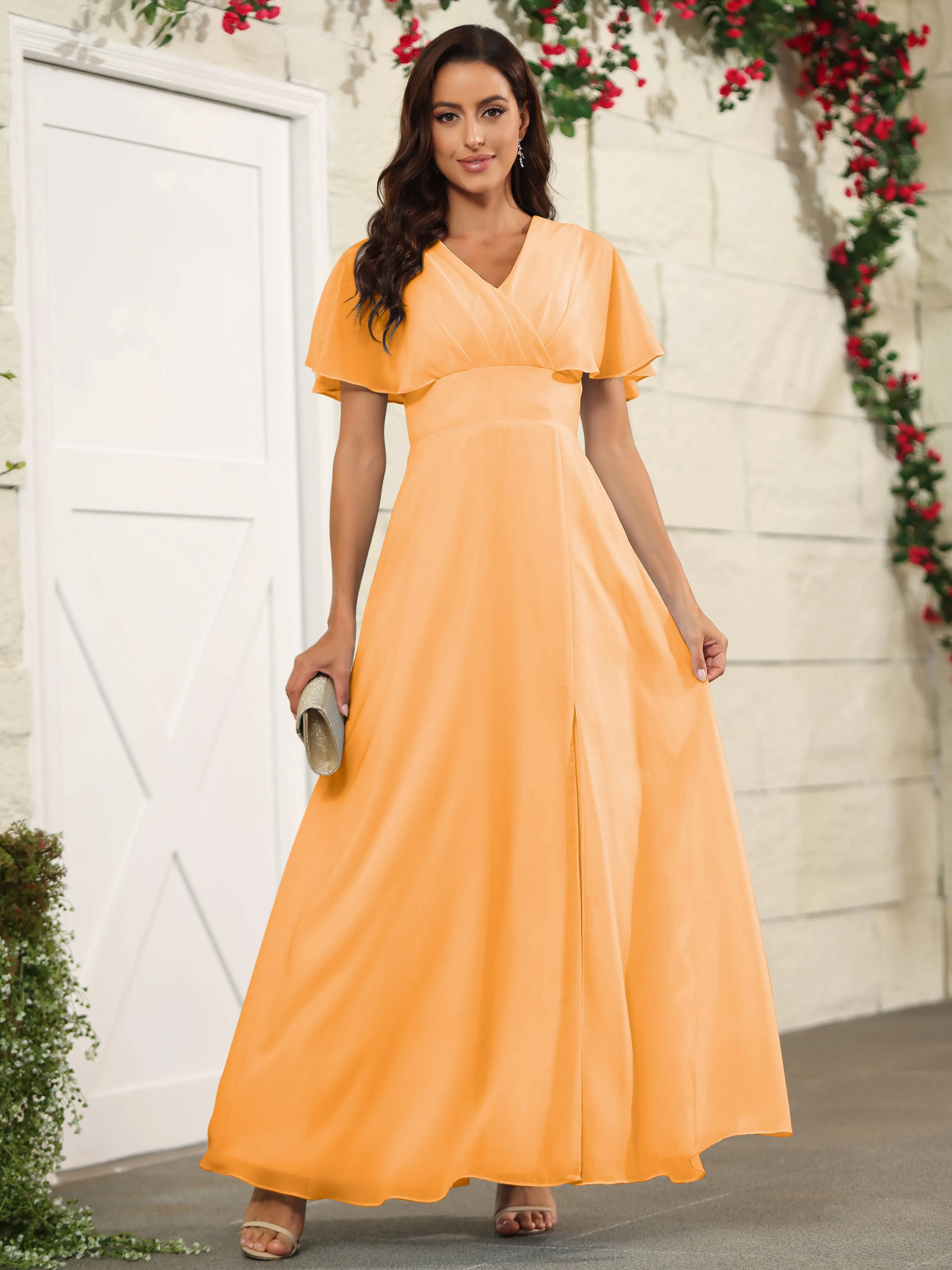 Chiffon Short Sleeves V-Neck Bridesmaid Dress with Slit