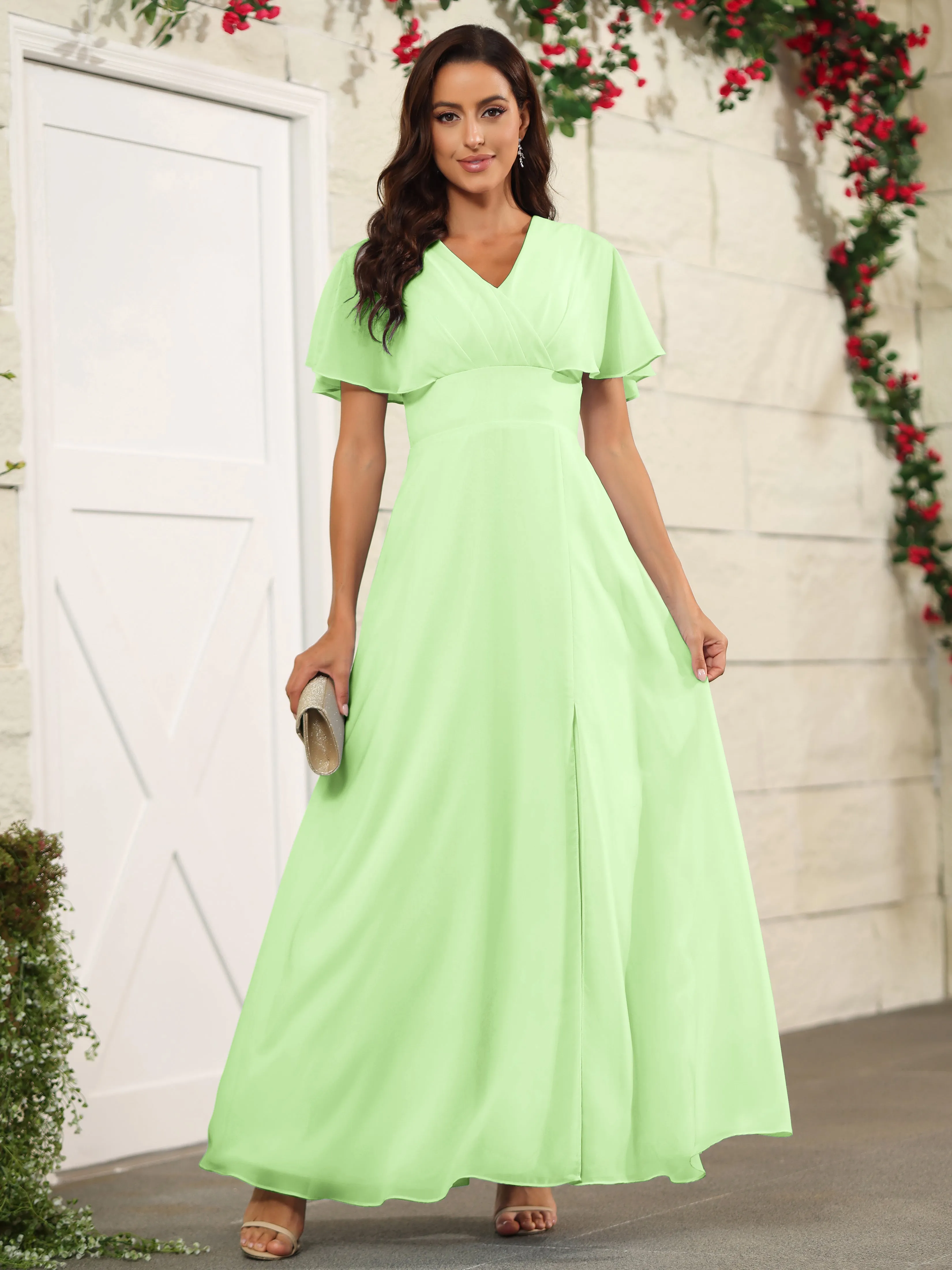 Chiffon Short Sleeves V-Neck Bridesmaid Dress with Slit