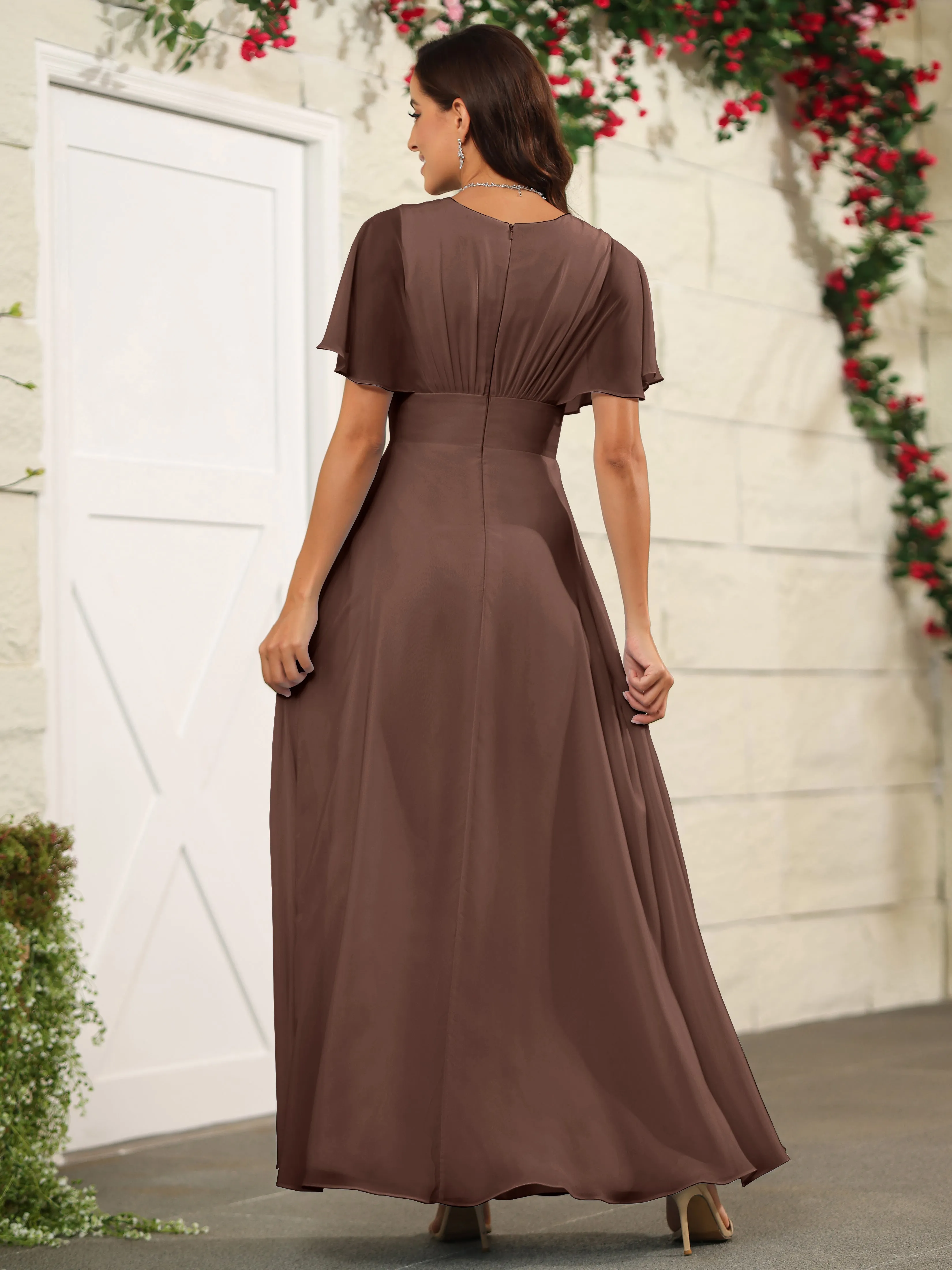 Chiffon Short Sleeves V-Neck Bridesmaid Dress with Slit