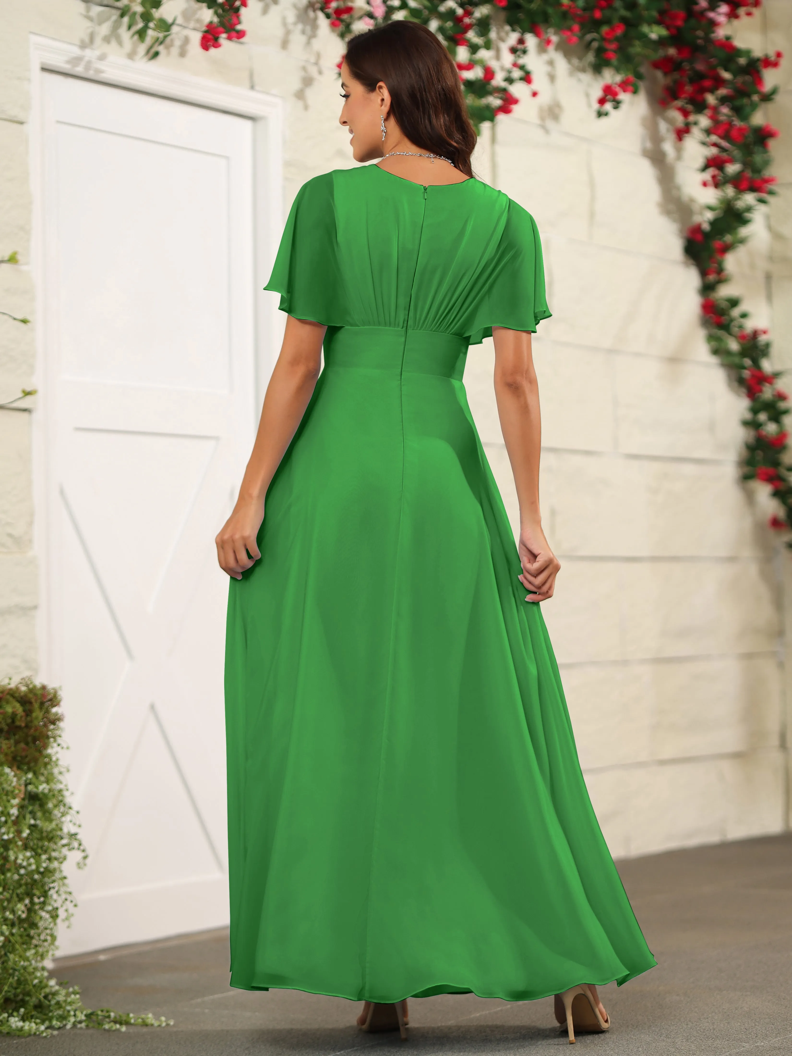 Chiffon Short Sleeves V-Neck Bridesmaid Dress with Slit