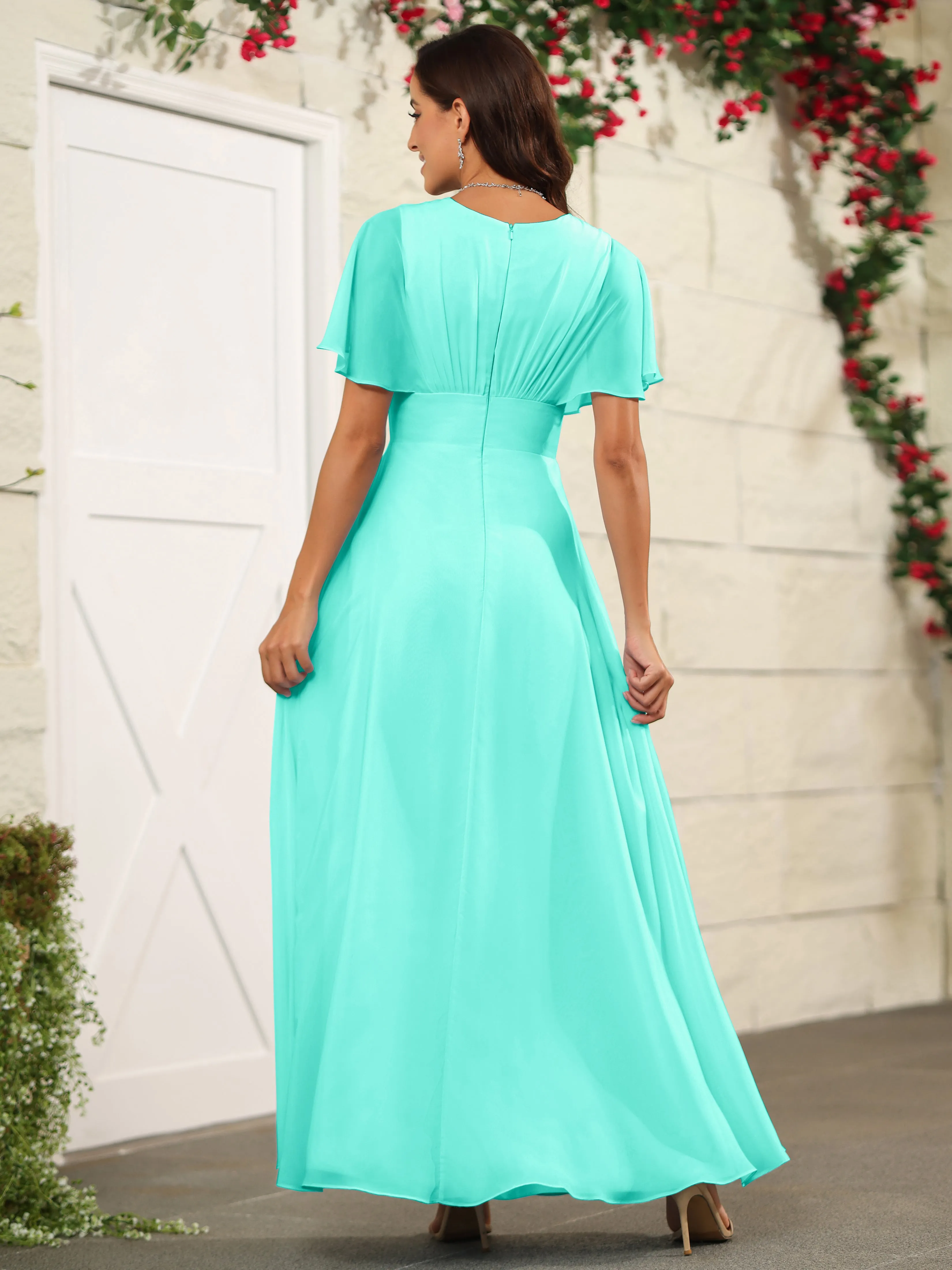 Chiffon Short Sleeves V-Neck Bridesmaid Dress with Slit