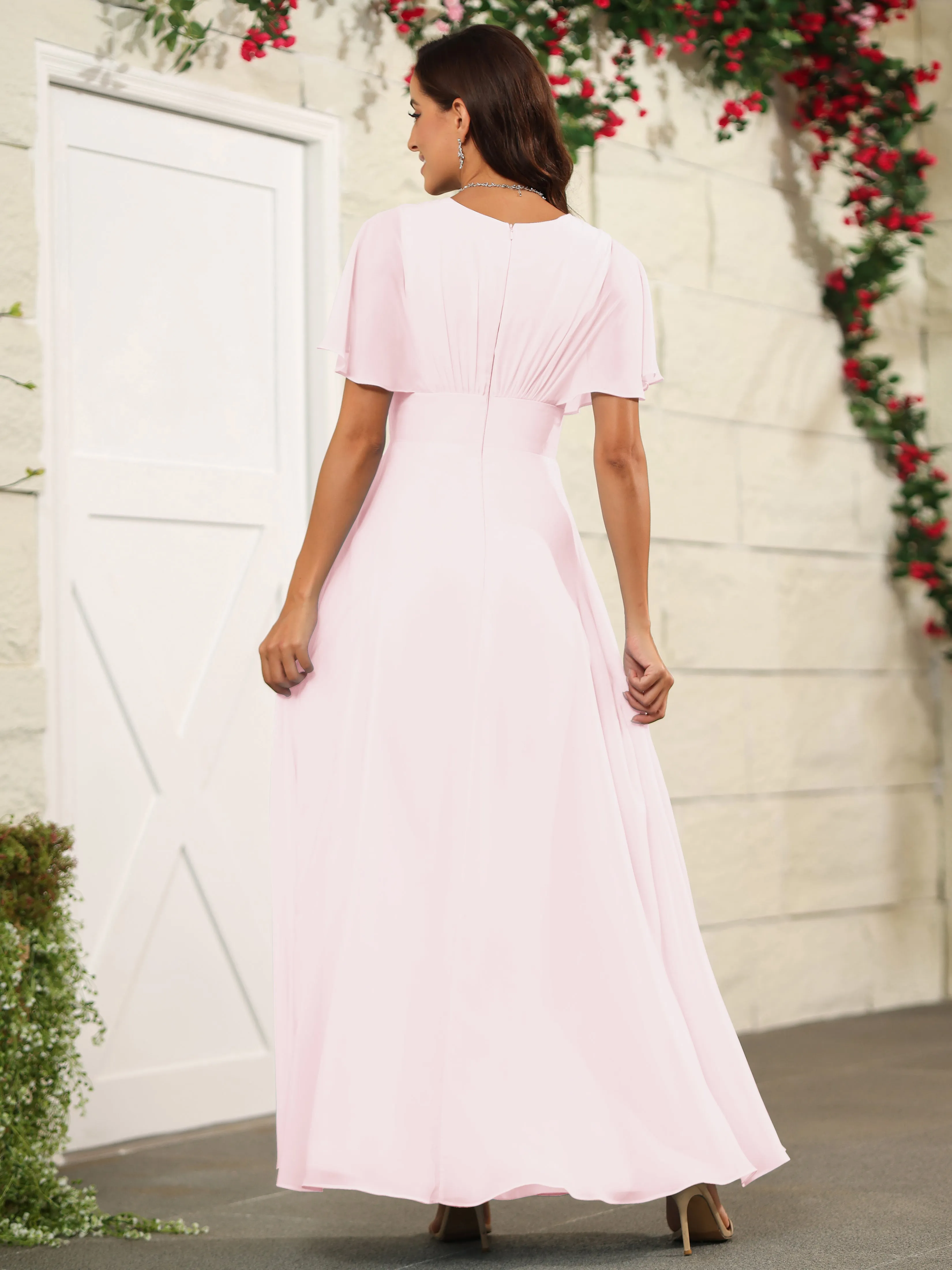 Chiffon Short Sleeves V-Neck Bridesmaid Dress with Slit