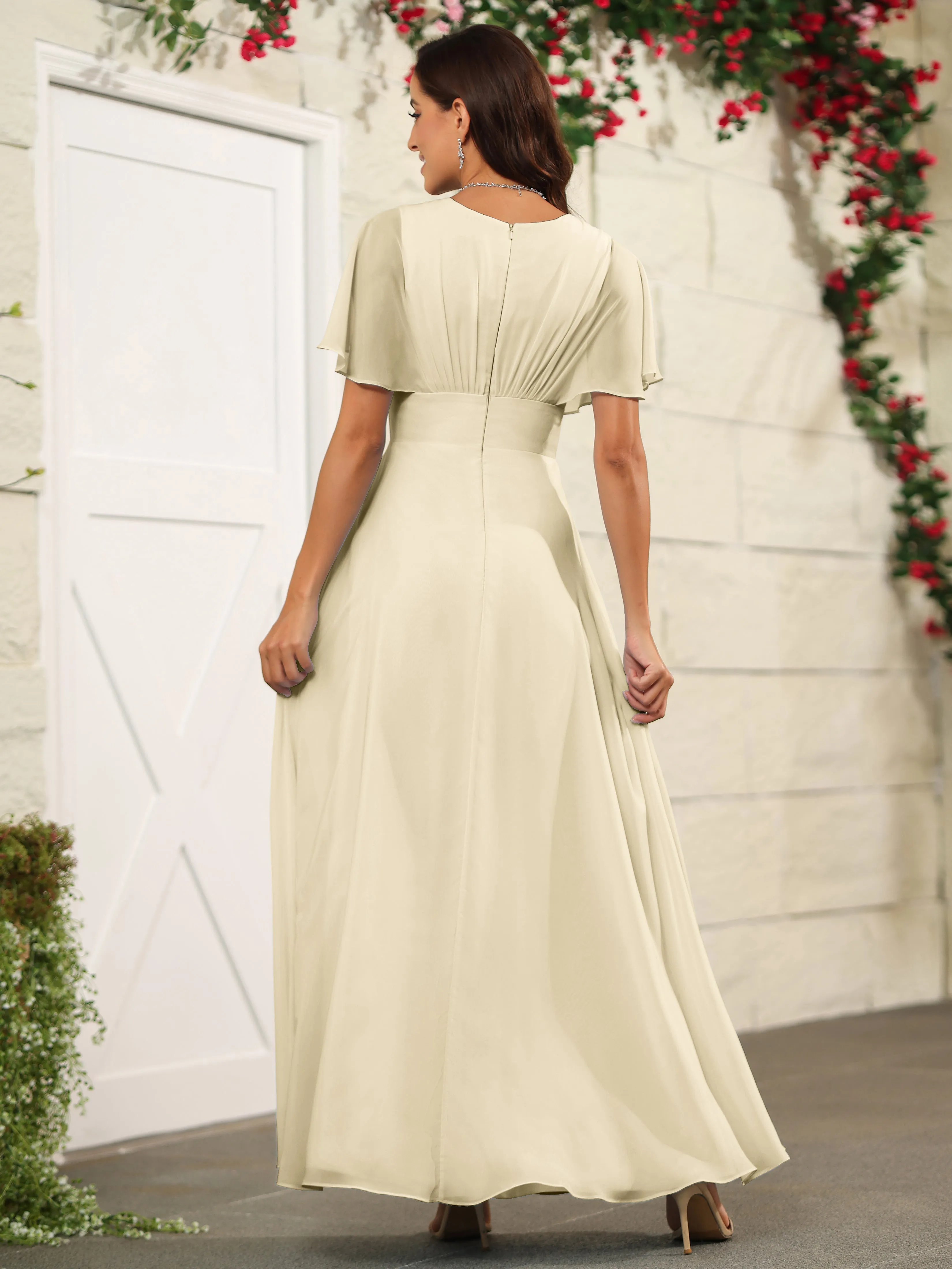 Chiffon Short Sleeves V-Neck Bridesmaid Dress with Slit