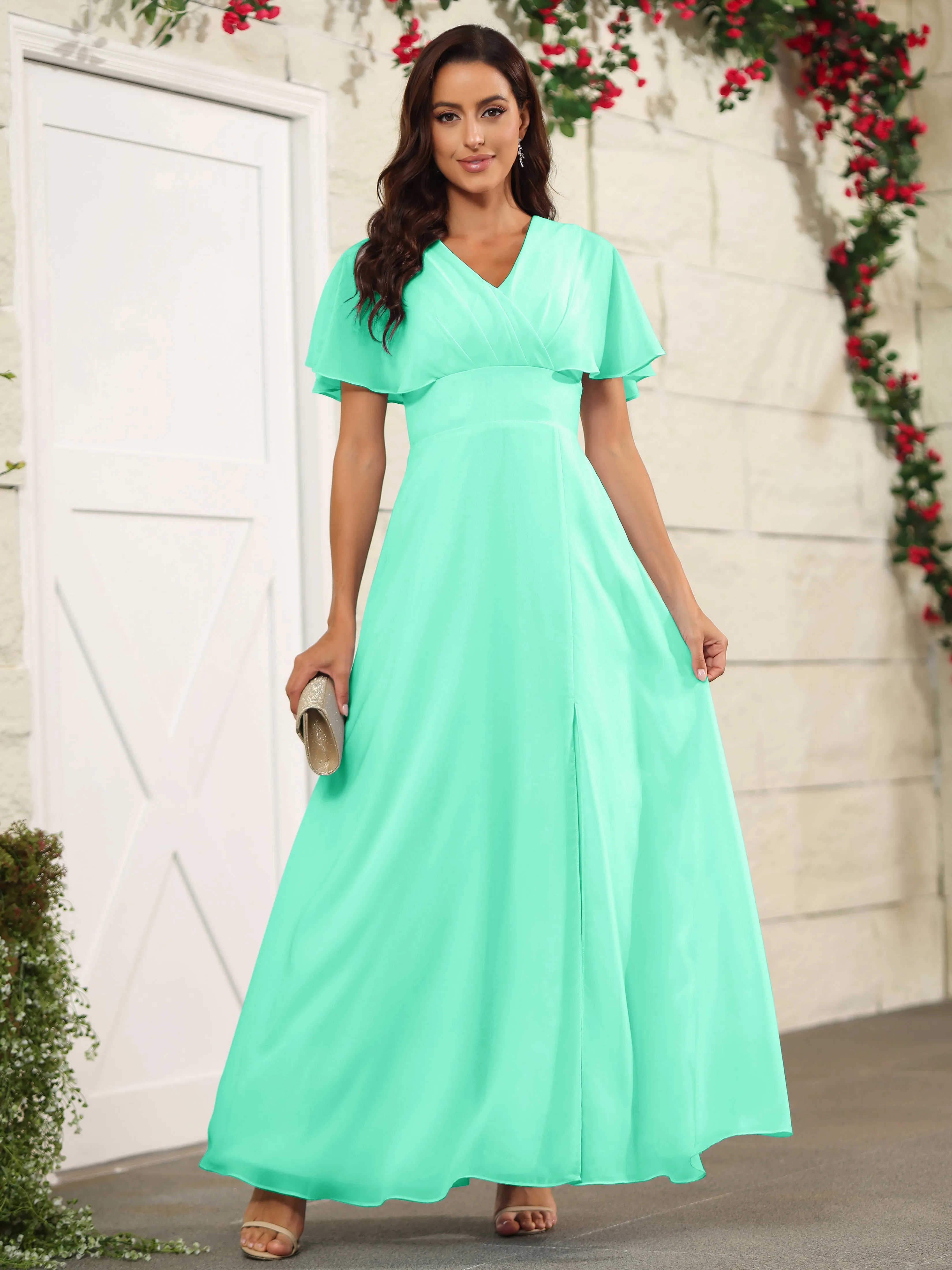 Chiffon Short Sleeves V-Neck Bridesmaid Dress with Slit