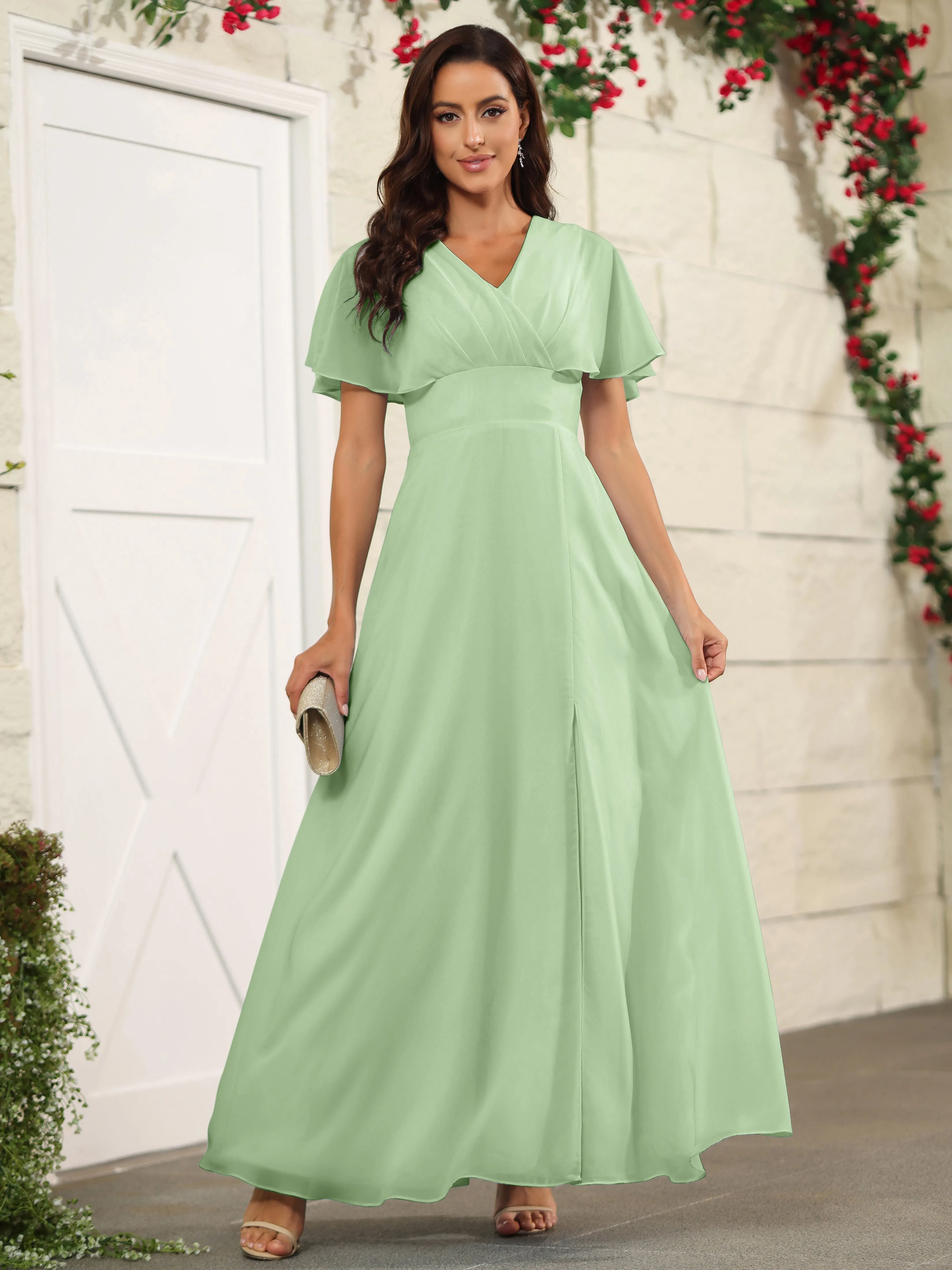 Chiffon Short Sleeves V-Neck Bridesmaid Dress with Slit