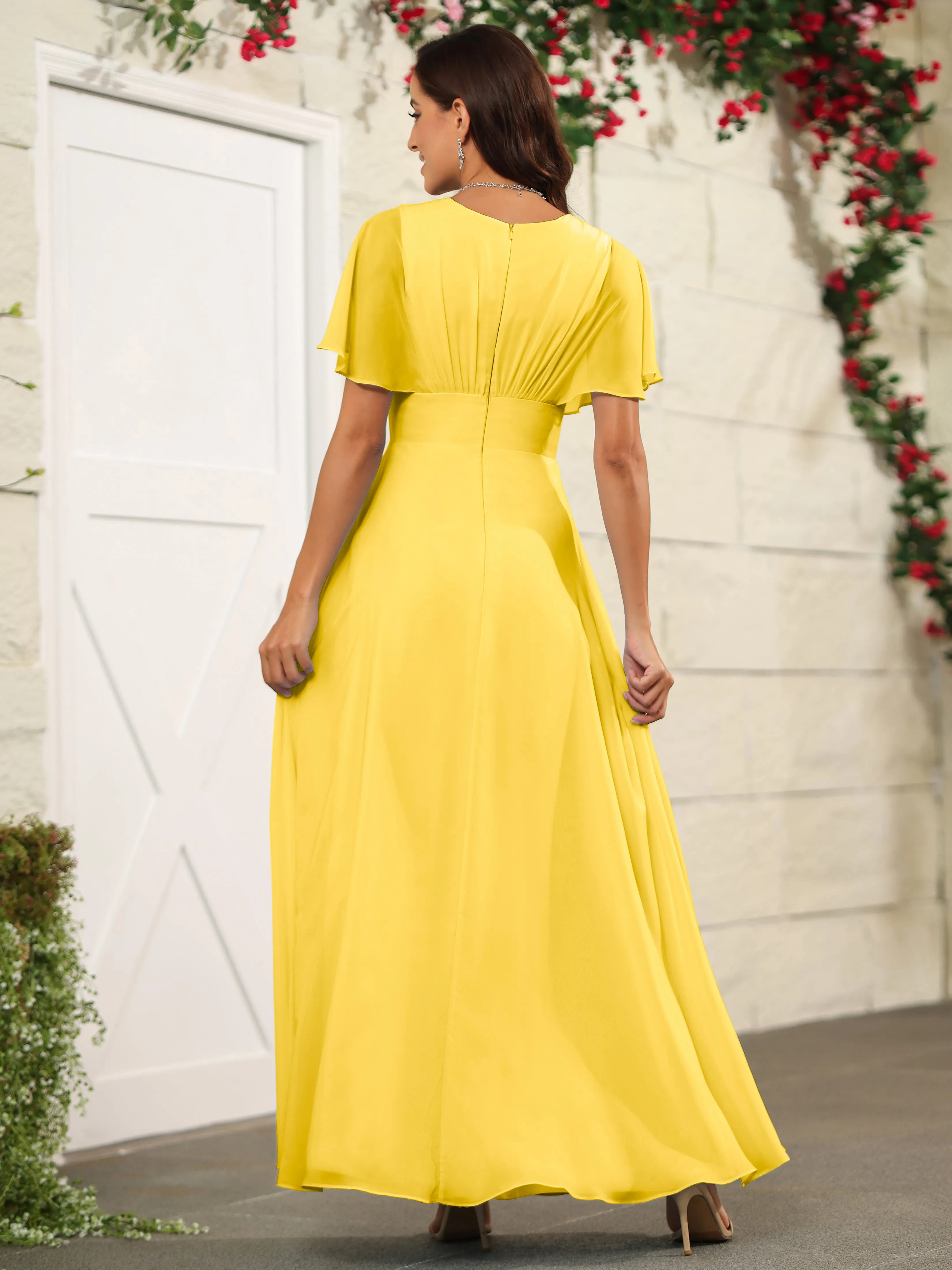 Chiffon Short Sleeves V-Neck Bridesmaid Dress with Slit