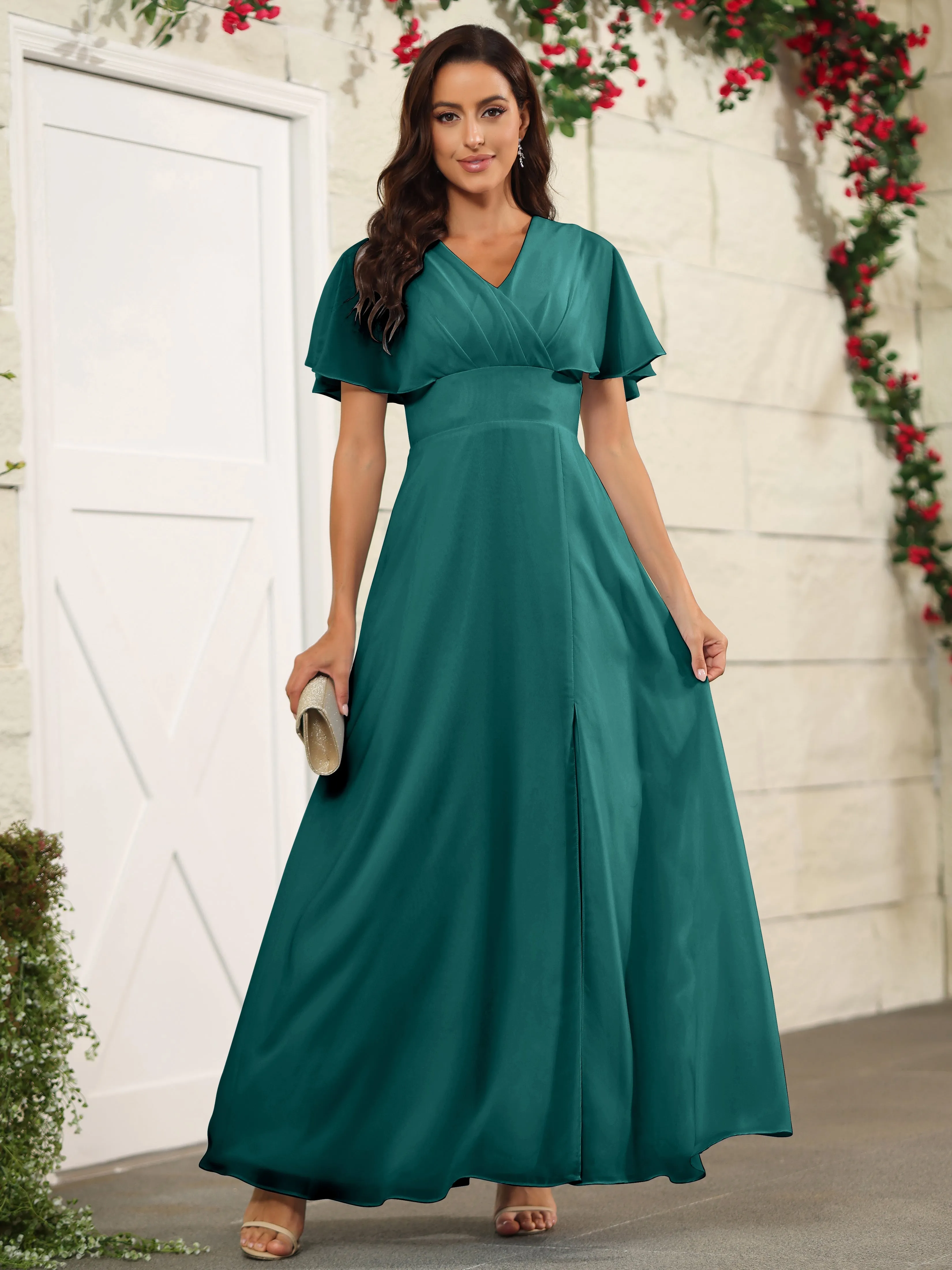 Chiffon Short Sleeves V-Neck Bridesmaid Dress with Slit
