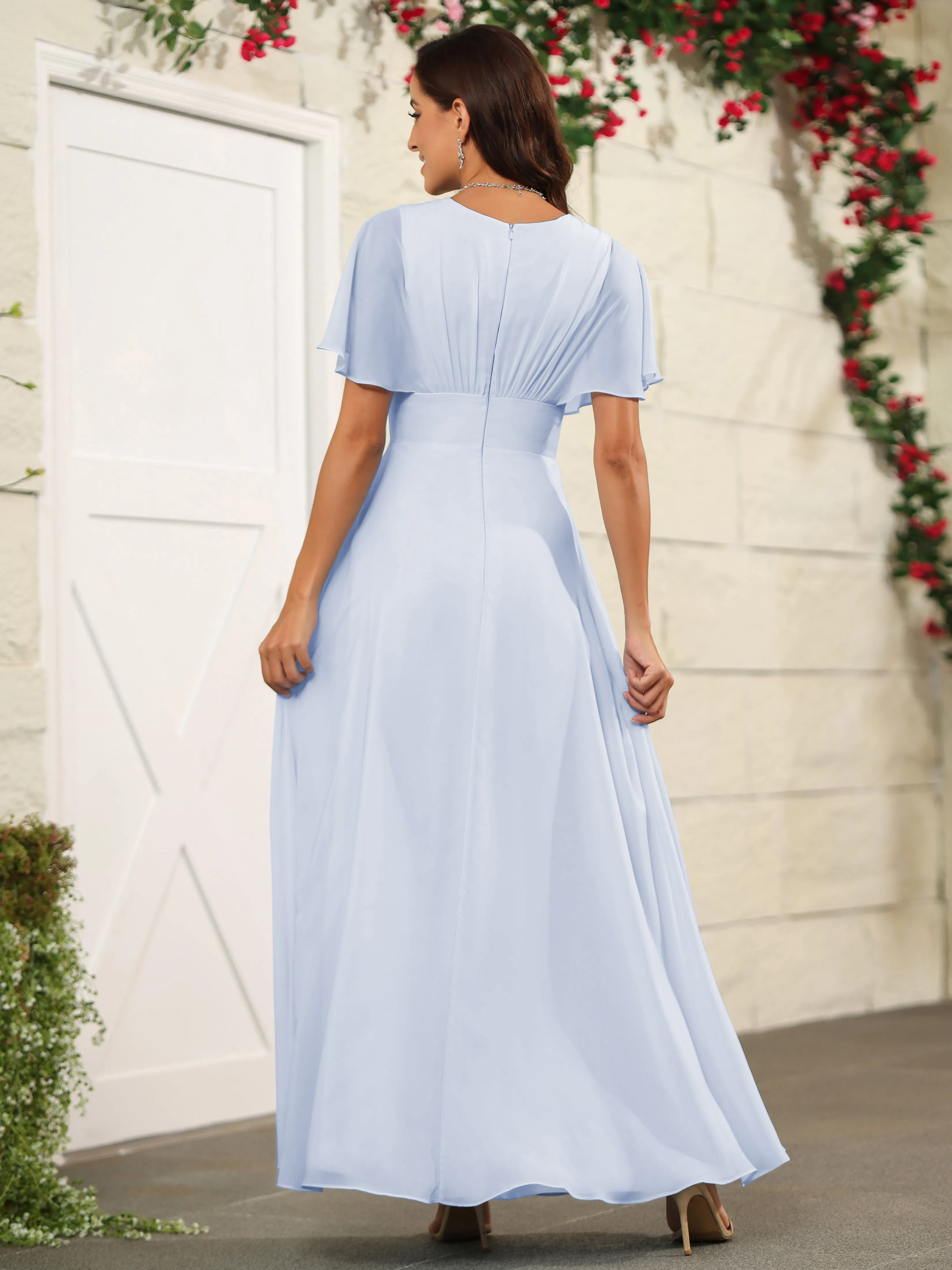 Chiffon Short Sleeves V-Neck Bridesmaid Dress with Slit